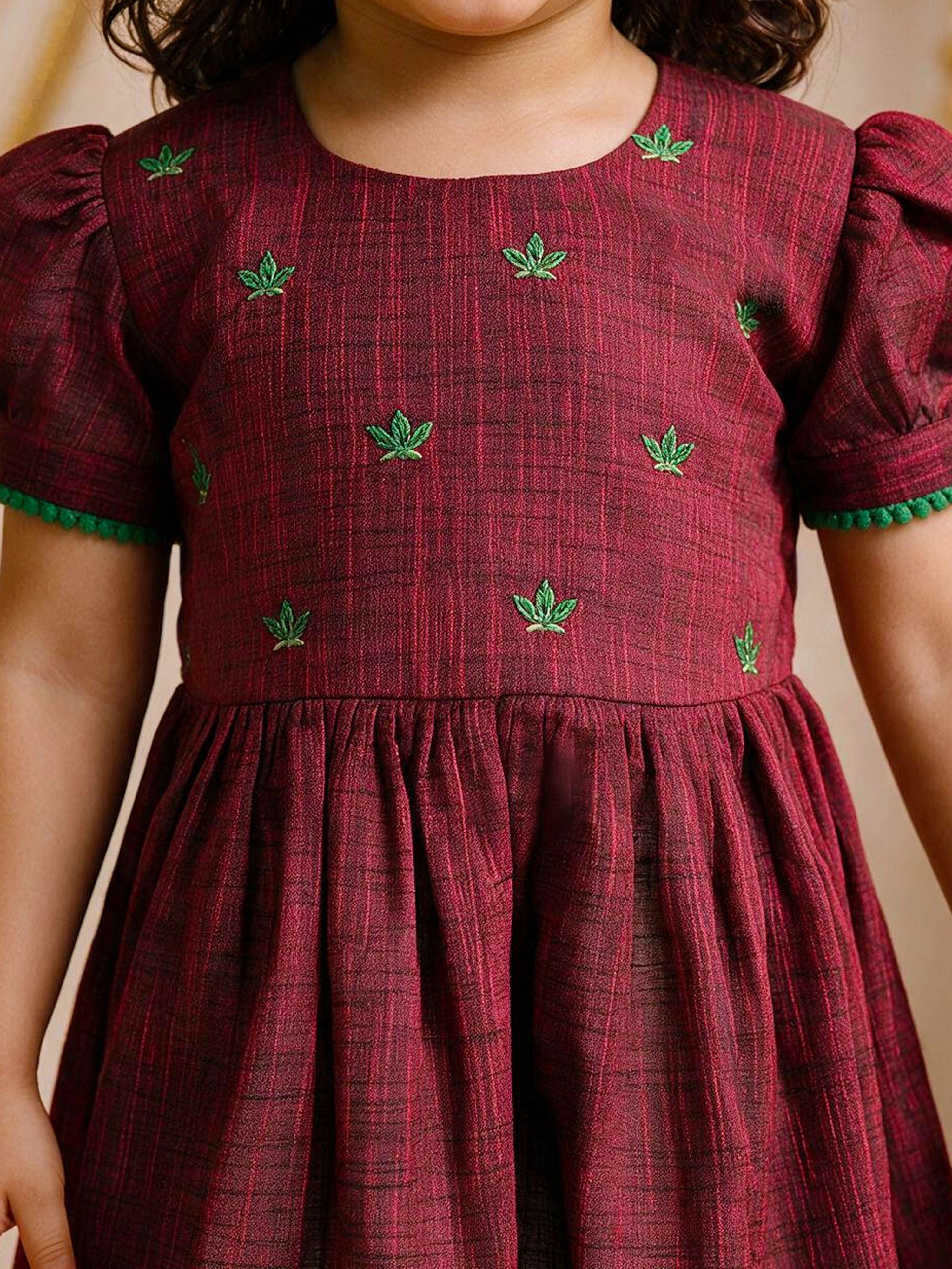 Girls's Maroon Cotton Embroidered Thigh Length Kurta And Dhoti Set