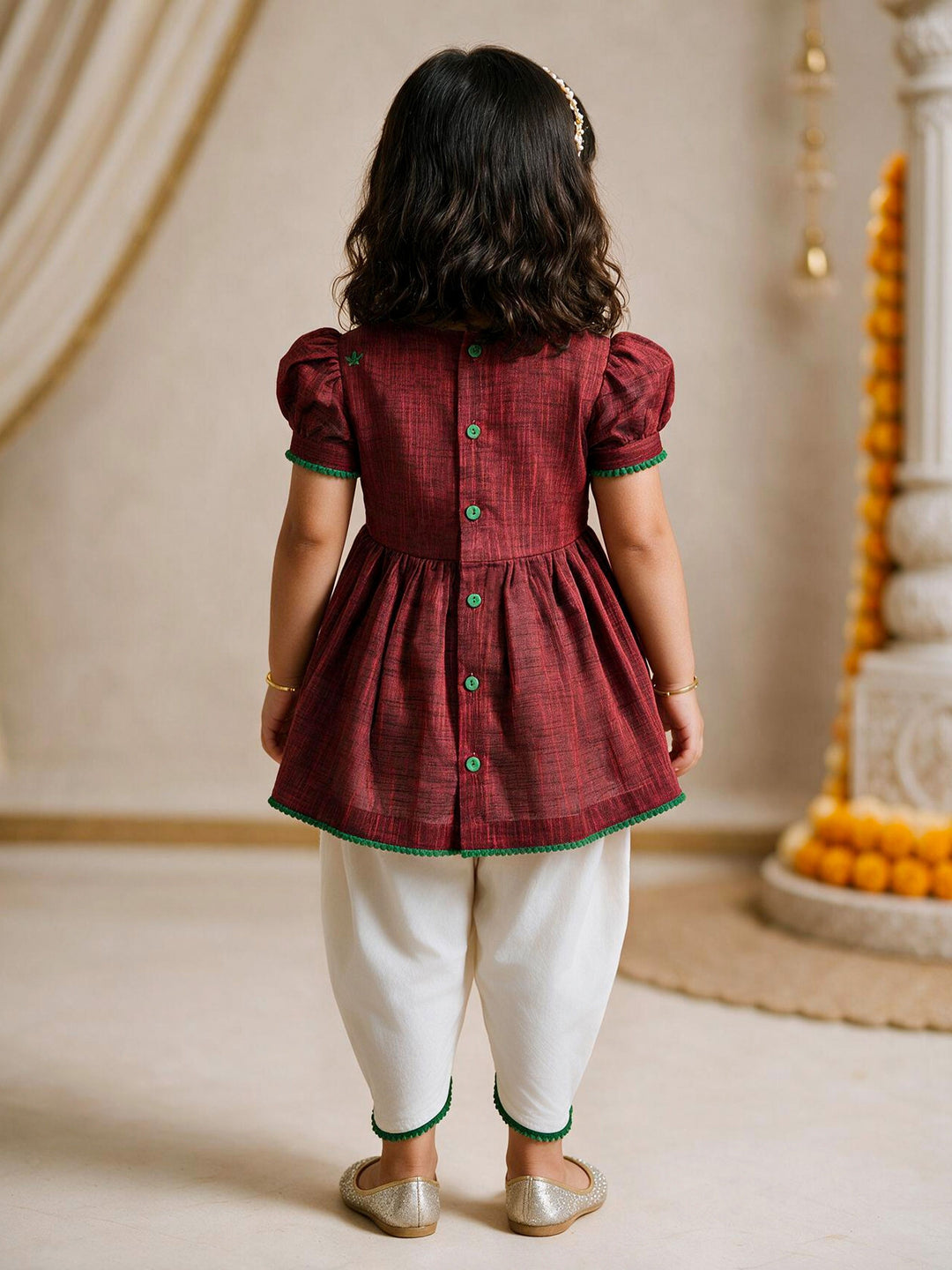 Girls Maroon Cotton Embroidered Thigh Length Kurta And Dhoti Set