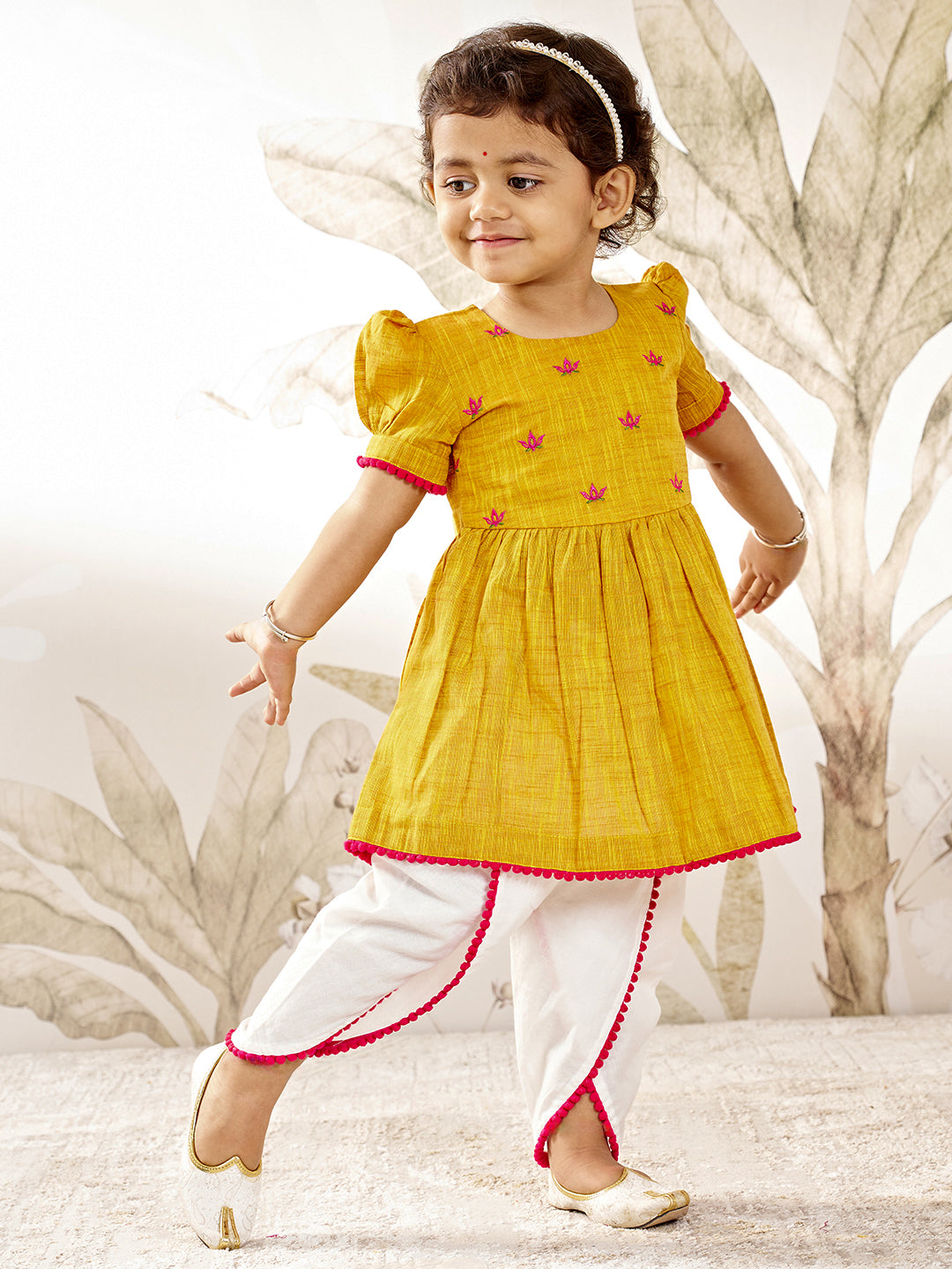 Girls Mustard Pink Floral Kurta Dhoti Set
