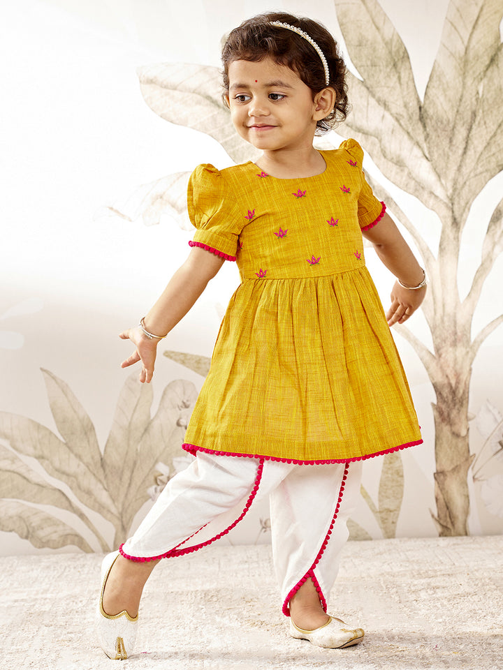 Girls Mustard Pink Floral Kurta Dhoti Set