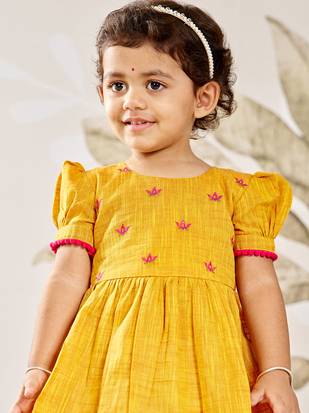 Girl's Mustard Pink Floral Kurta Dhoti Set