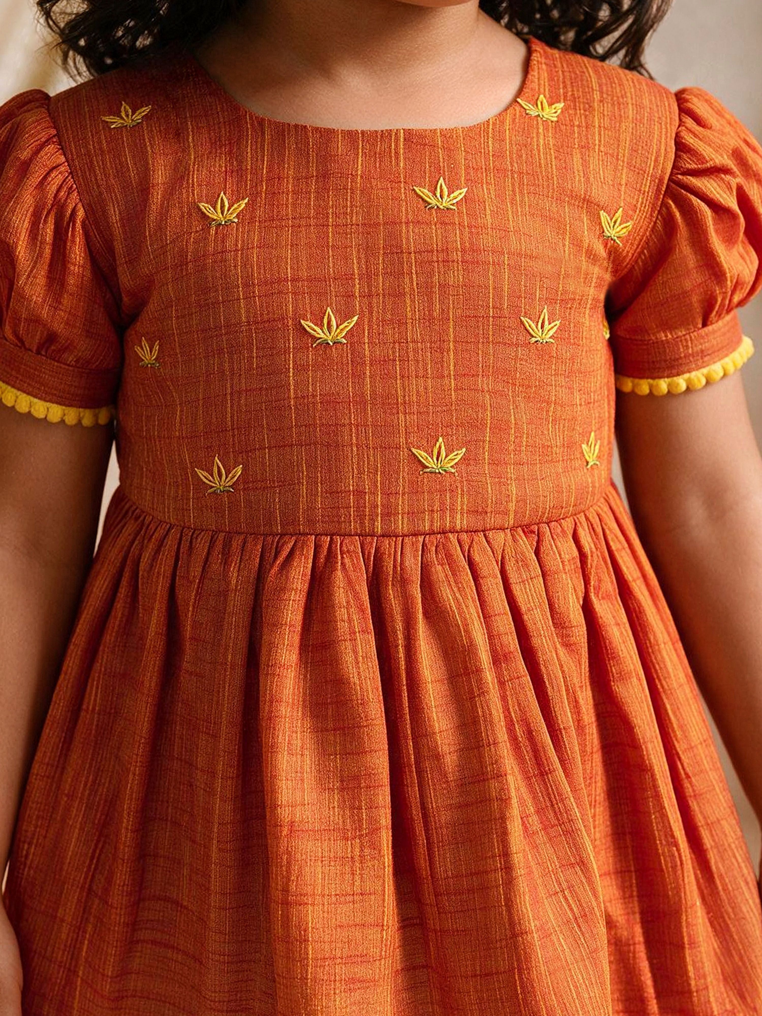Girls's Orange Cotton Embroidered Thigh Length Kurta And Dhoti Set