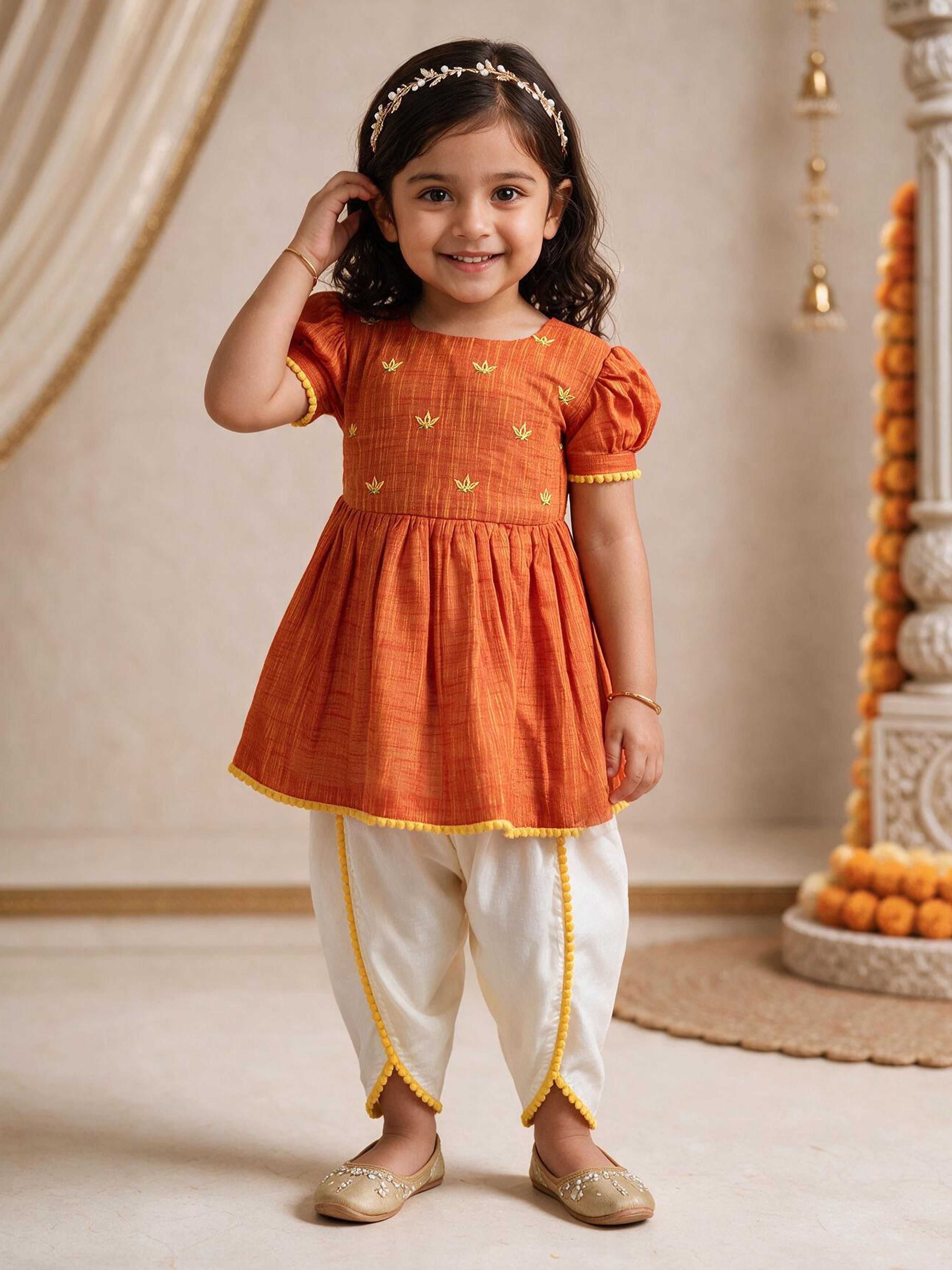 Girls's Orange Cotton Embroidered Thigh Length Kurta And Dhoti Set