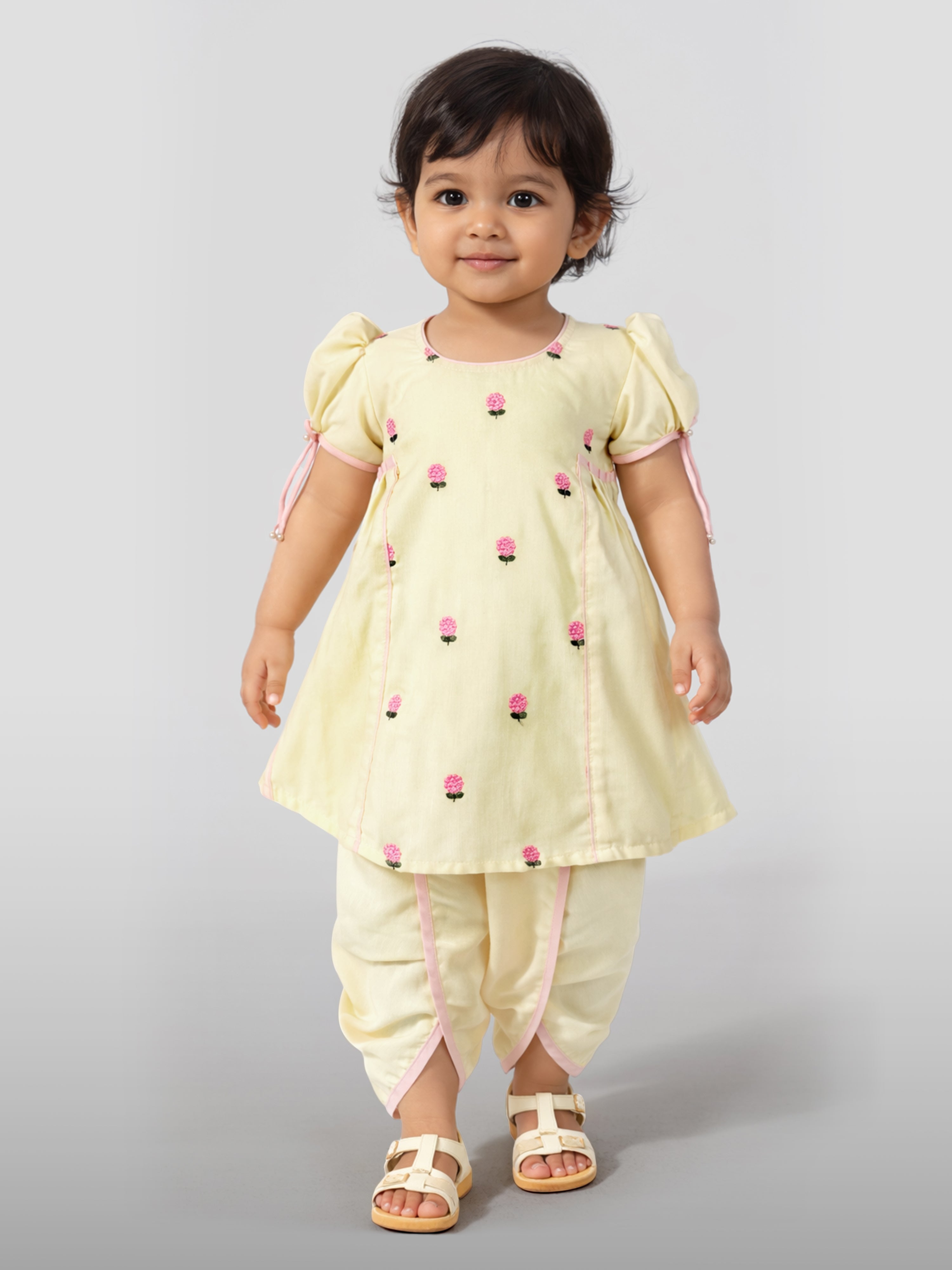 Girls' Cream Yellow Embroidered Cotton Kurta Dhoti Set - Navratri Festive Wear