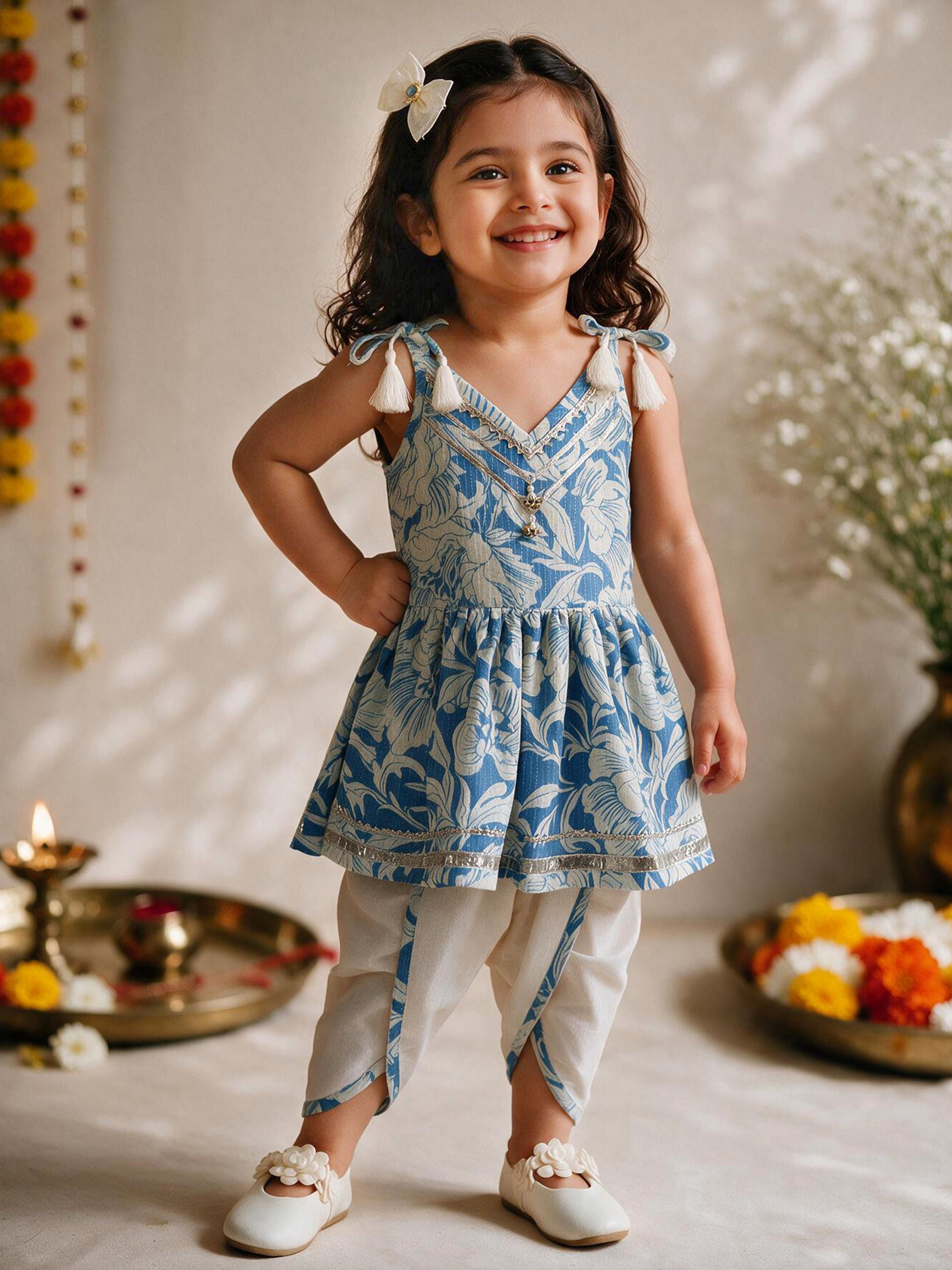 Girls Blue Cotton Floral Printed Kurta Dhoti Set