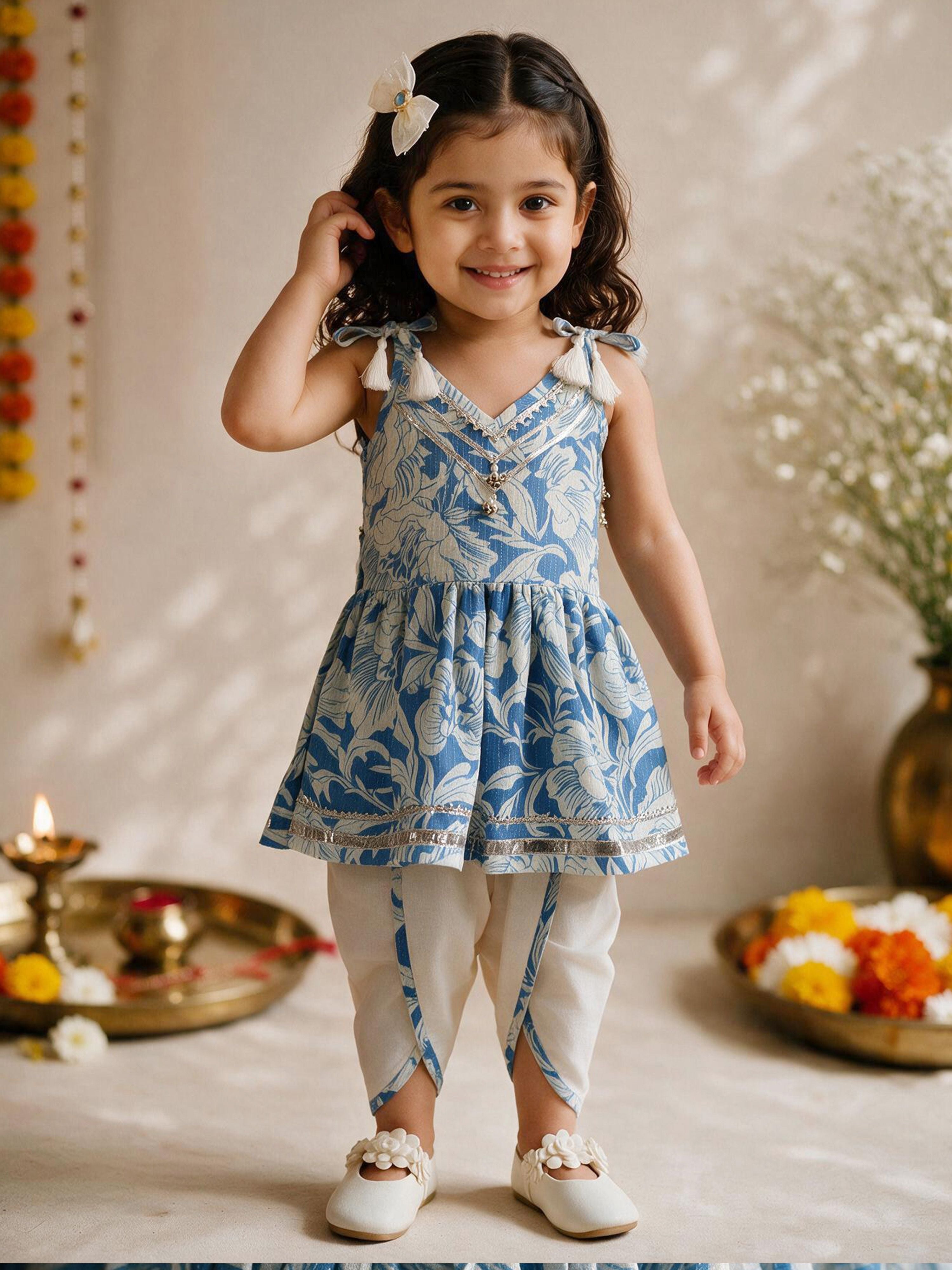 Girls Blue Cotton Floral Print Thigh Length Kurta and Dhoti Set