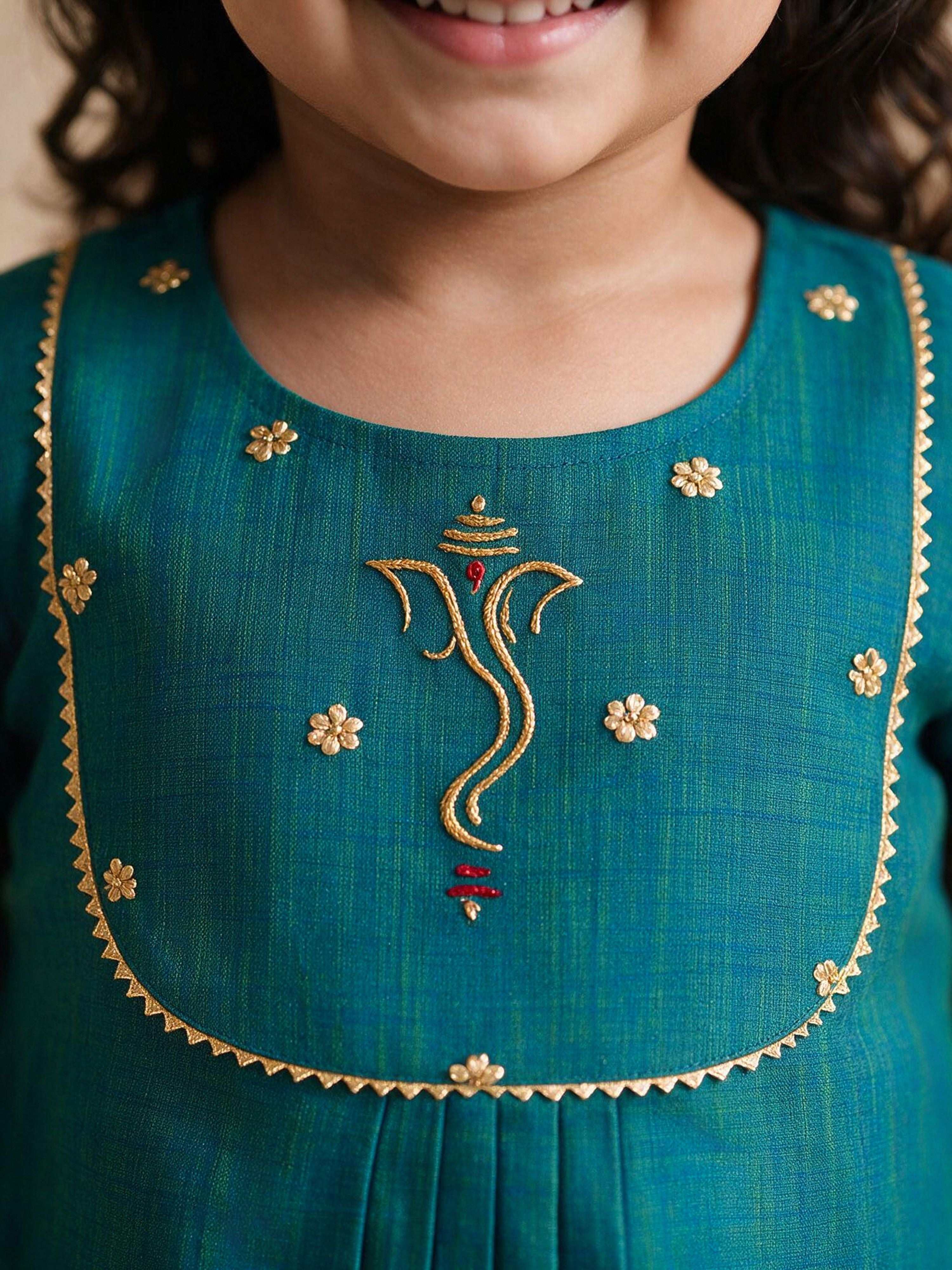Girls's Aqua Cotton Embroidered Thigh Length Kurta And Dhoti Set