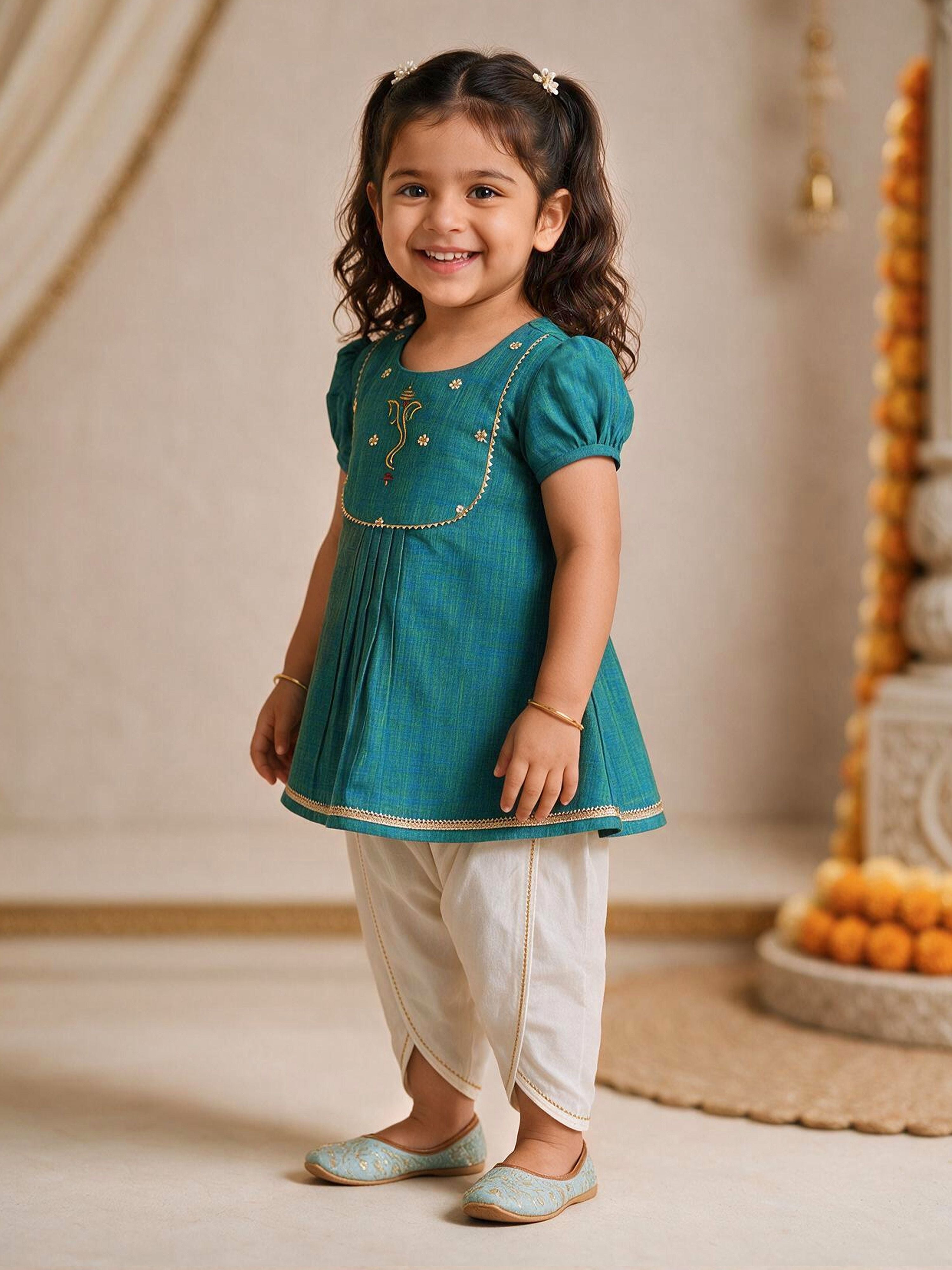 Girls's Aqua Cotton Embroidered Thigh Length Kurta And Dhoti Set