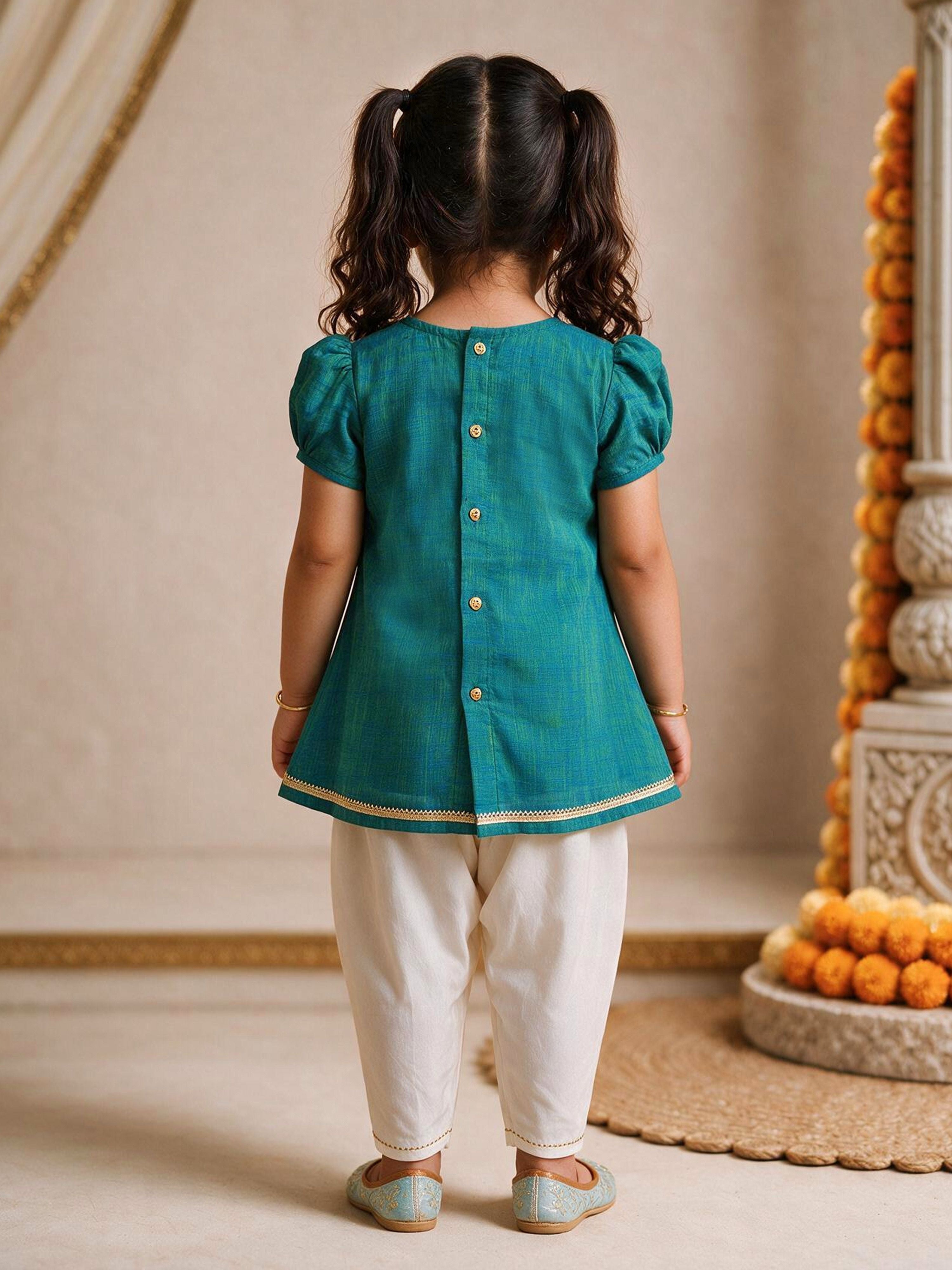 Girls's Aqua Cotton Embroidered Thigh Length Kurta And Dhoti Set