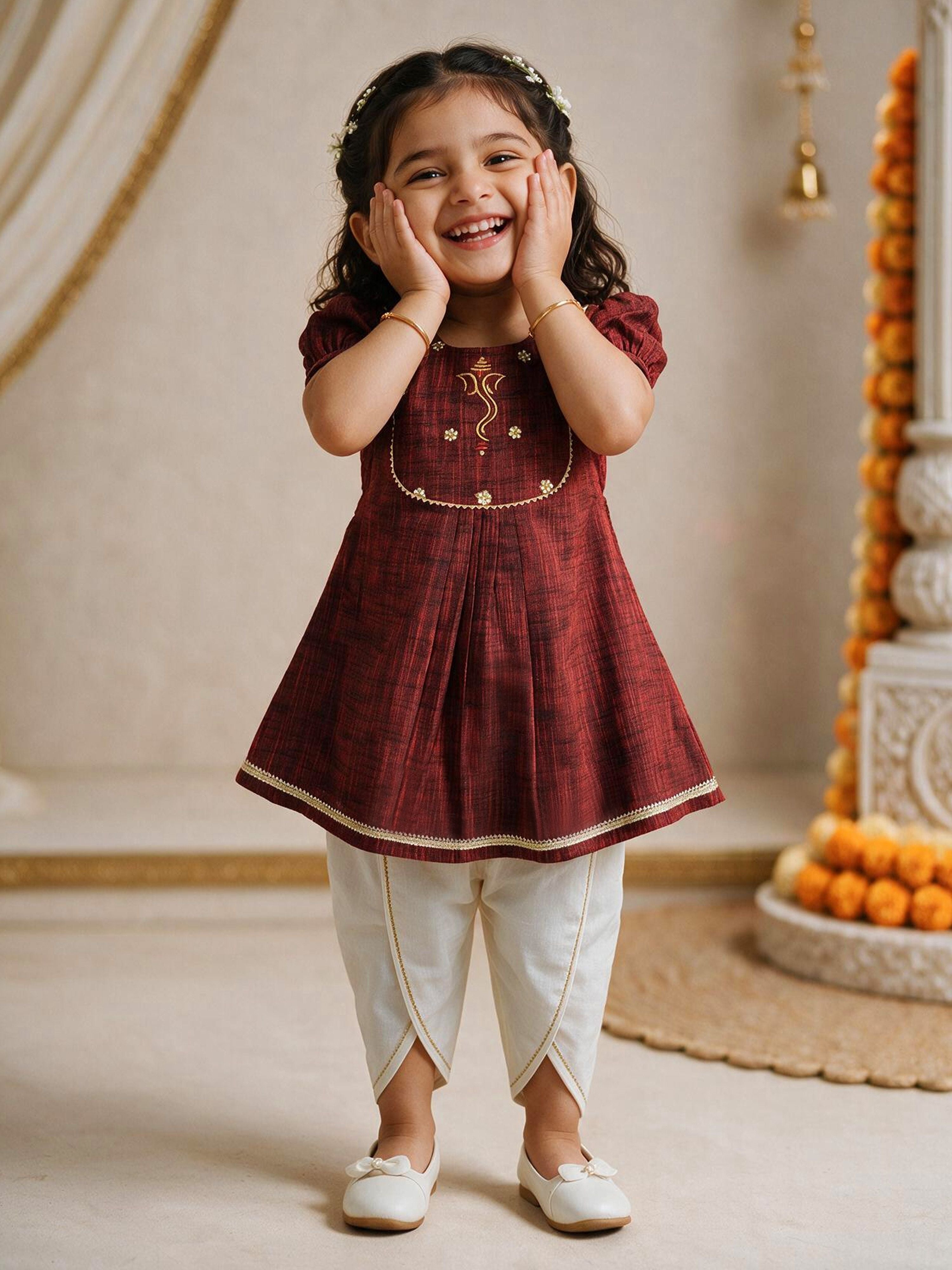 Girls Maroon Cotton Embroidered Kurta Dhoti Set