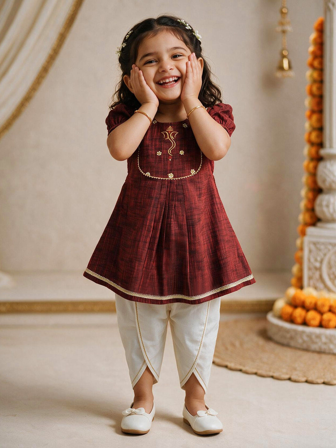 Girls Maroon Cotton Embroidered Kurta Dhoti Set