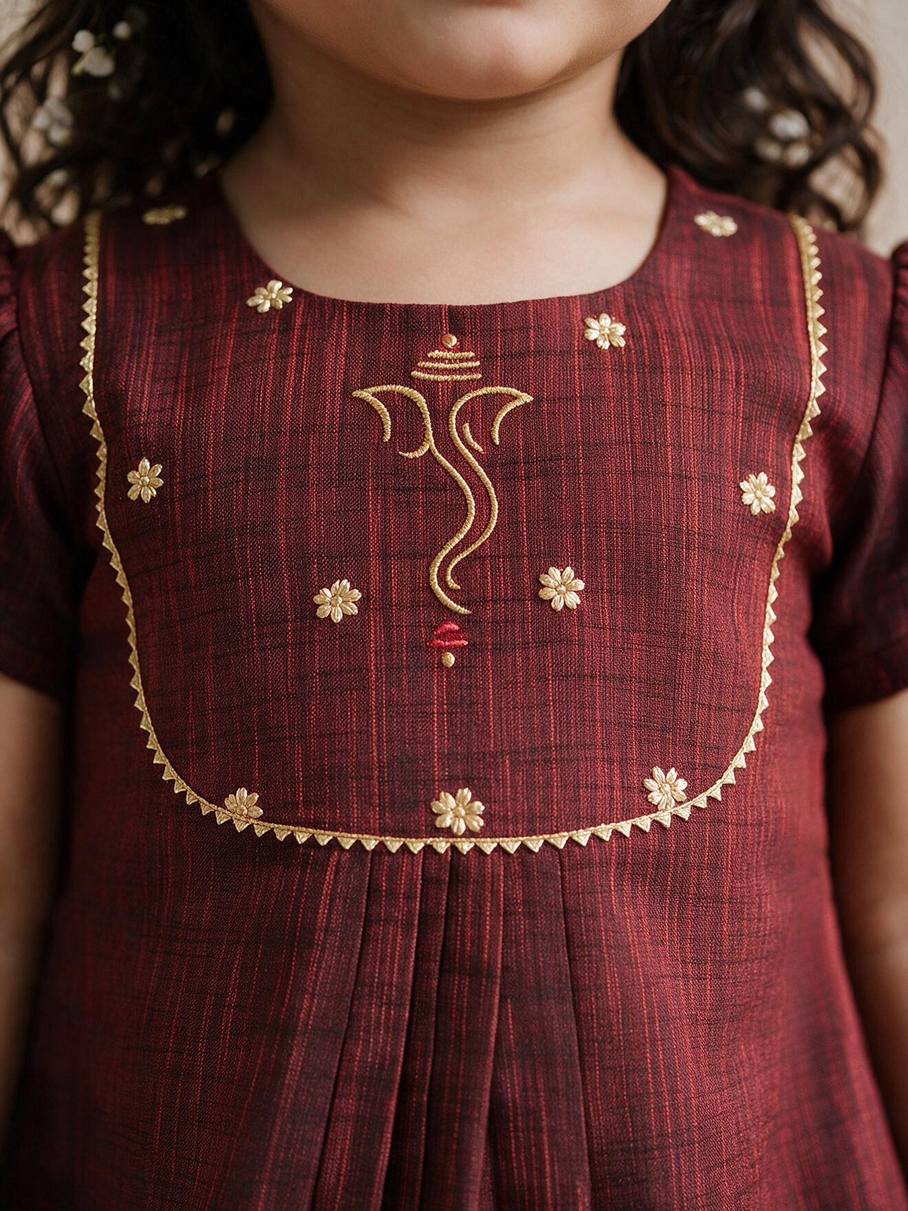 Girls's Maroon Cotton Embroidered Thigh Length Kurta And Dhoti Set