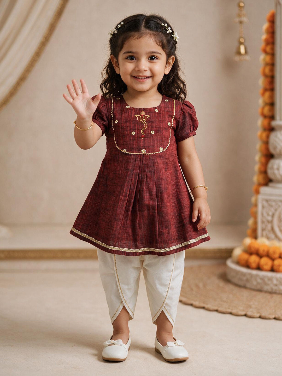 Girls Maroon Cotton Embroidered Thigh Length Kurta And Dhoti Set