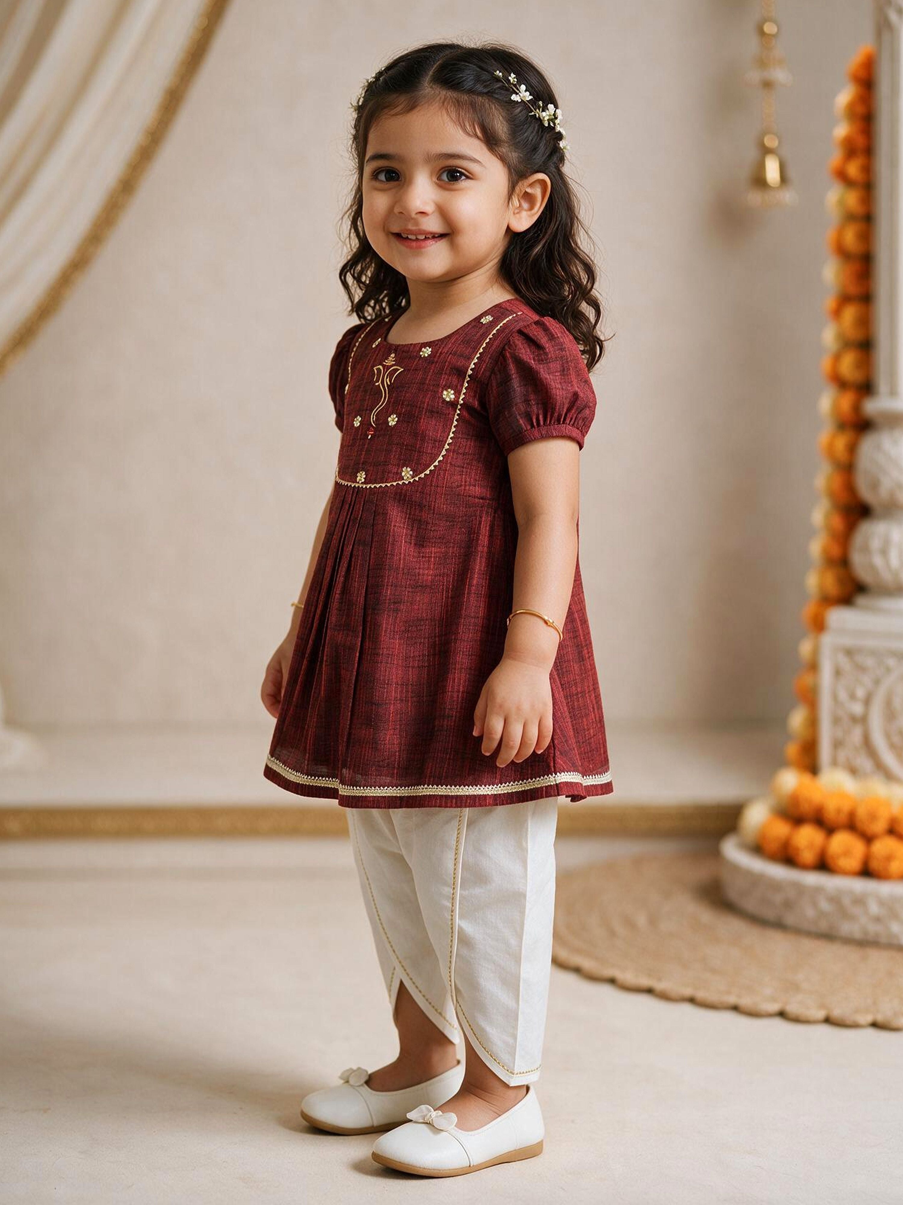 Girls's Maroon Cotton Embroidered Thigh Length Kurta And Dhoti Set