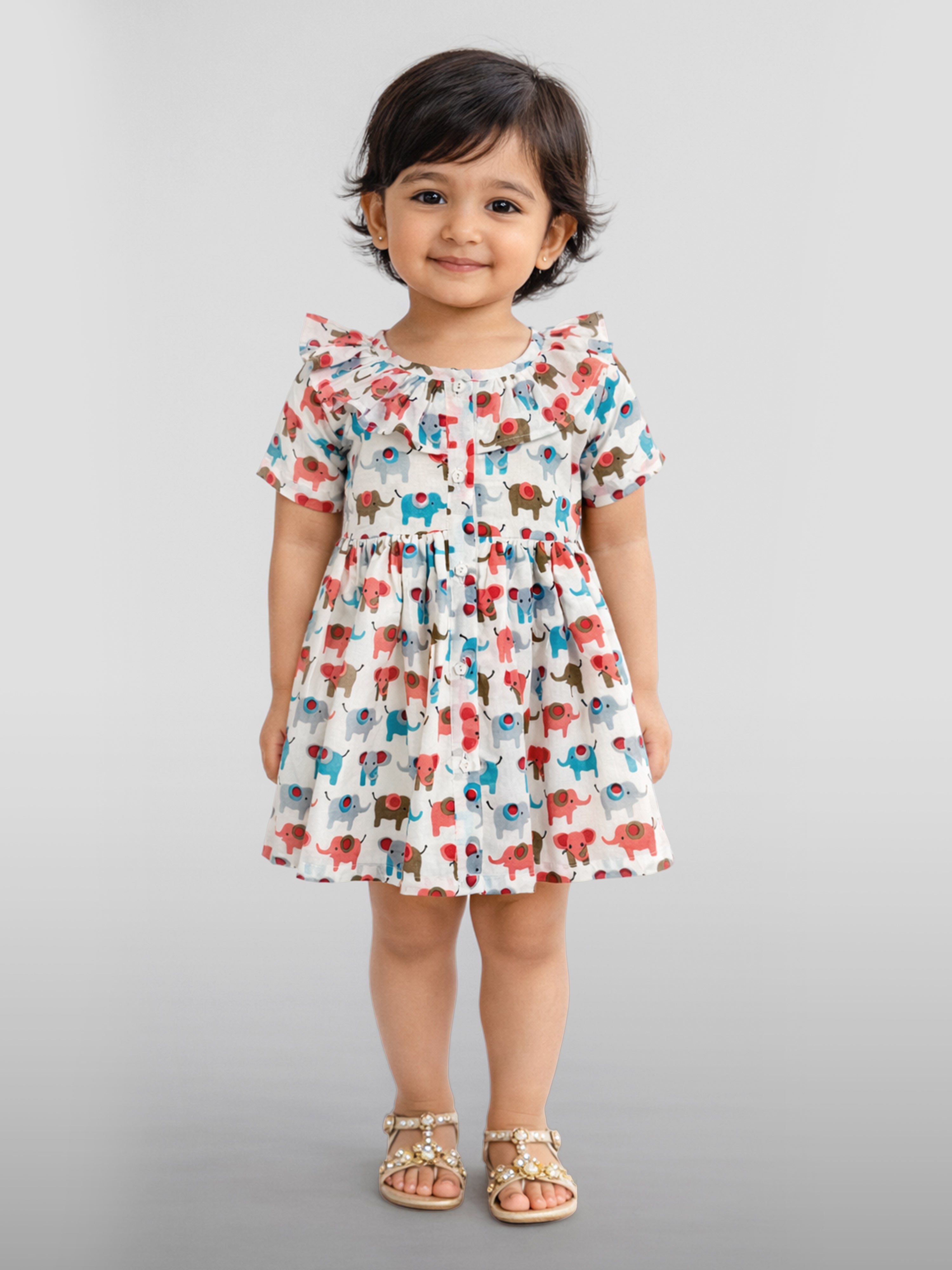 Girls Multicolour Cotton Animal Print Gathered Short Sleeve A-Line Dress