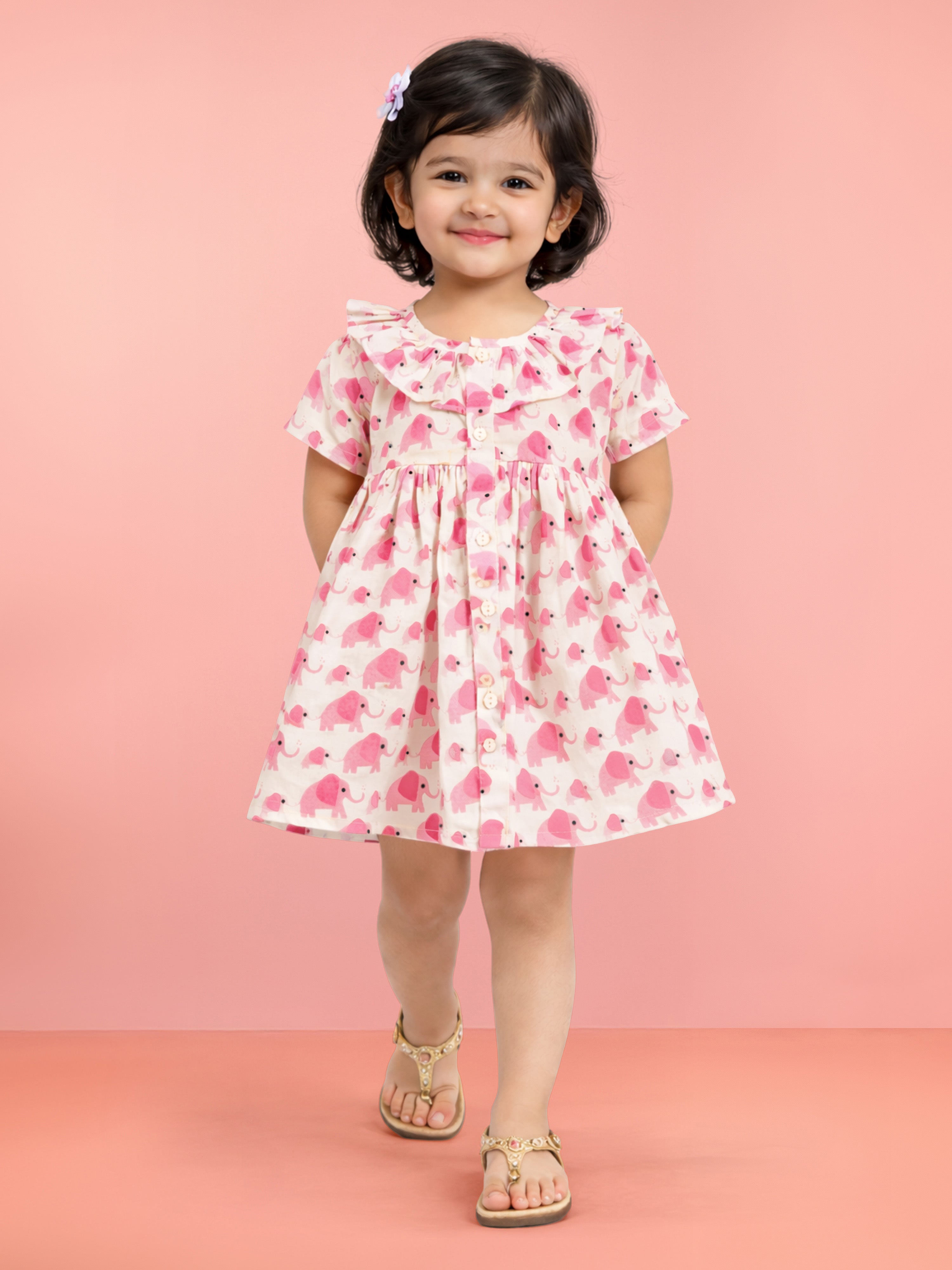 Girls Pink Cotton Animal Print Gathered Short Sleeve A-Line Dress