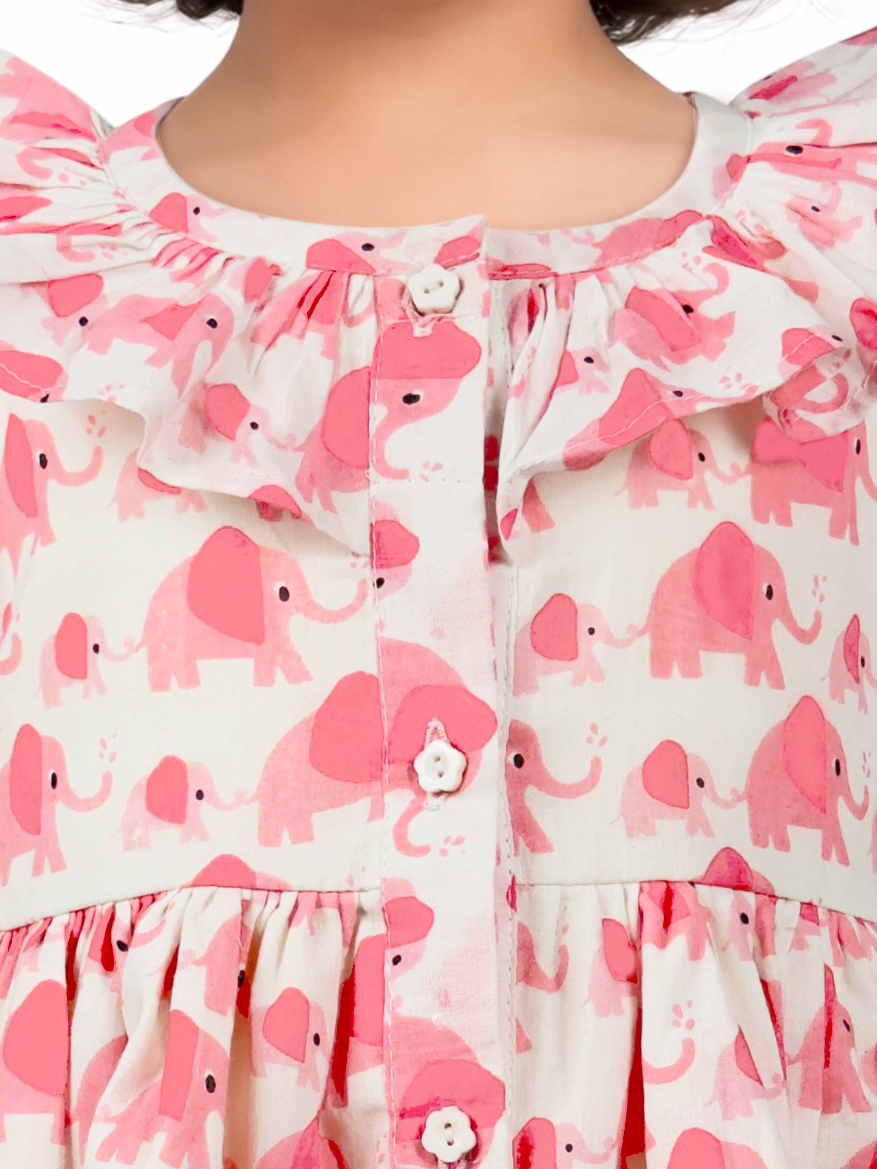 Girls Pink Cotton Animal Print Gathered Short Sleeve A-Line Dress