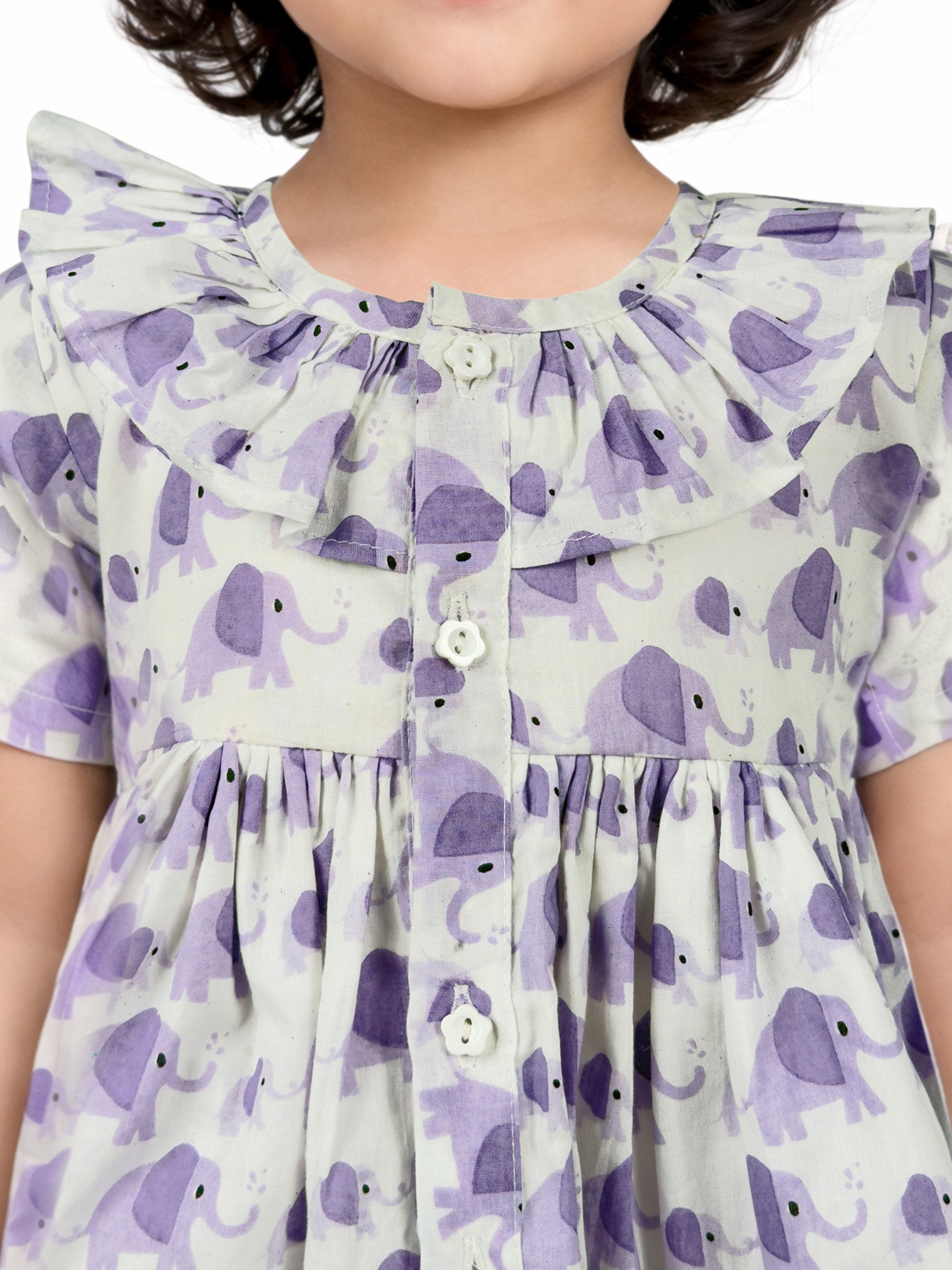 Girls Purple Cotton Animal Print Gathered Short Sleeve A-Line Dress