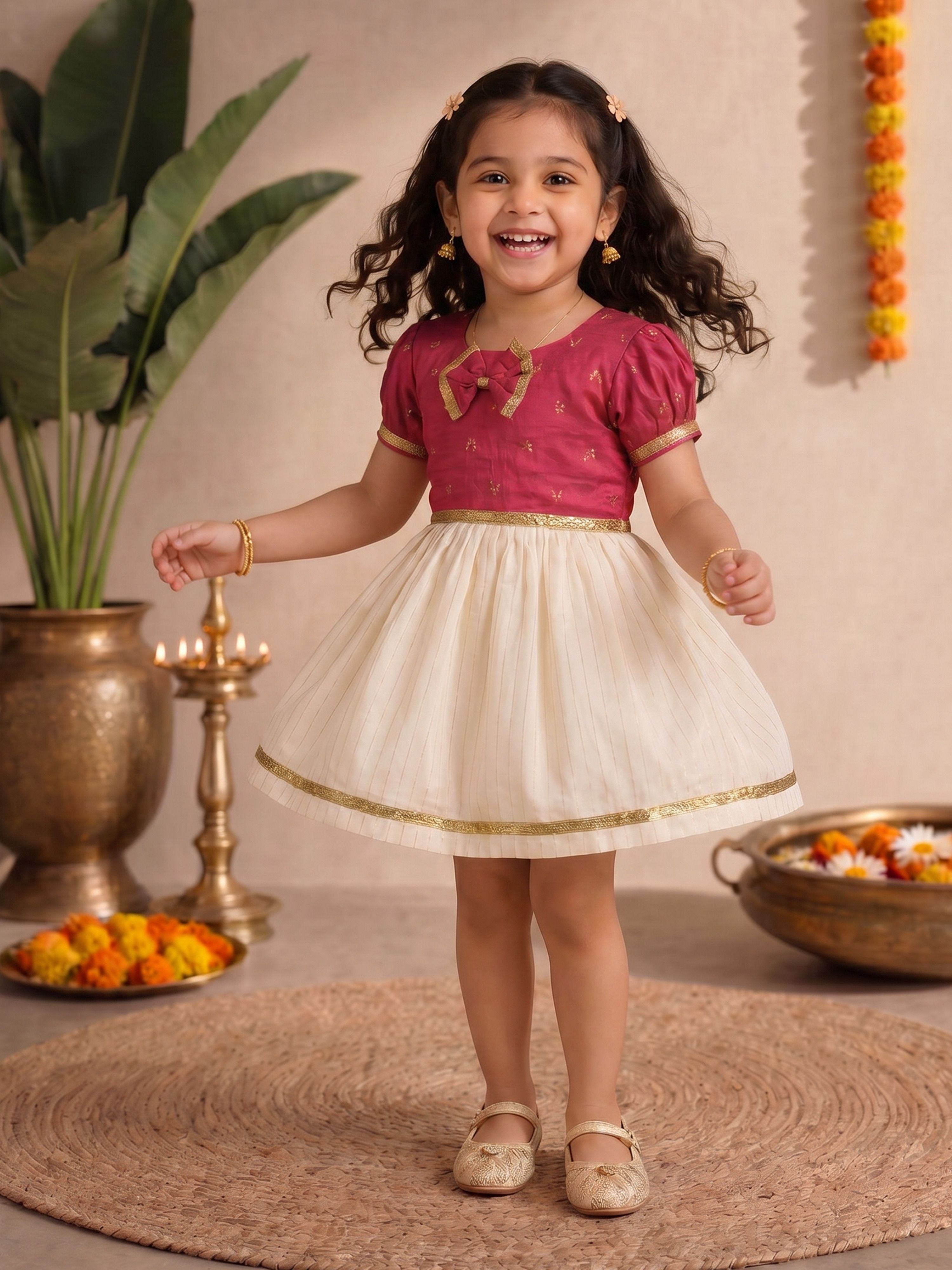 Girls Pink Chanderi Zari Embroidered Fit & Flare Dress