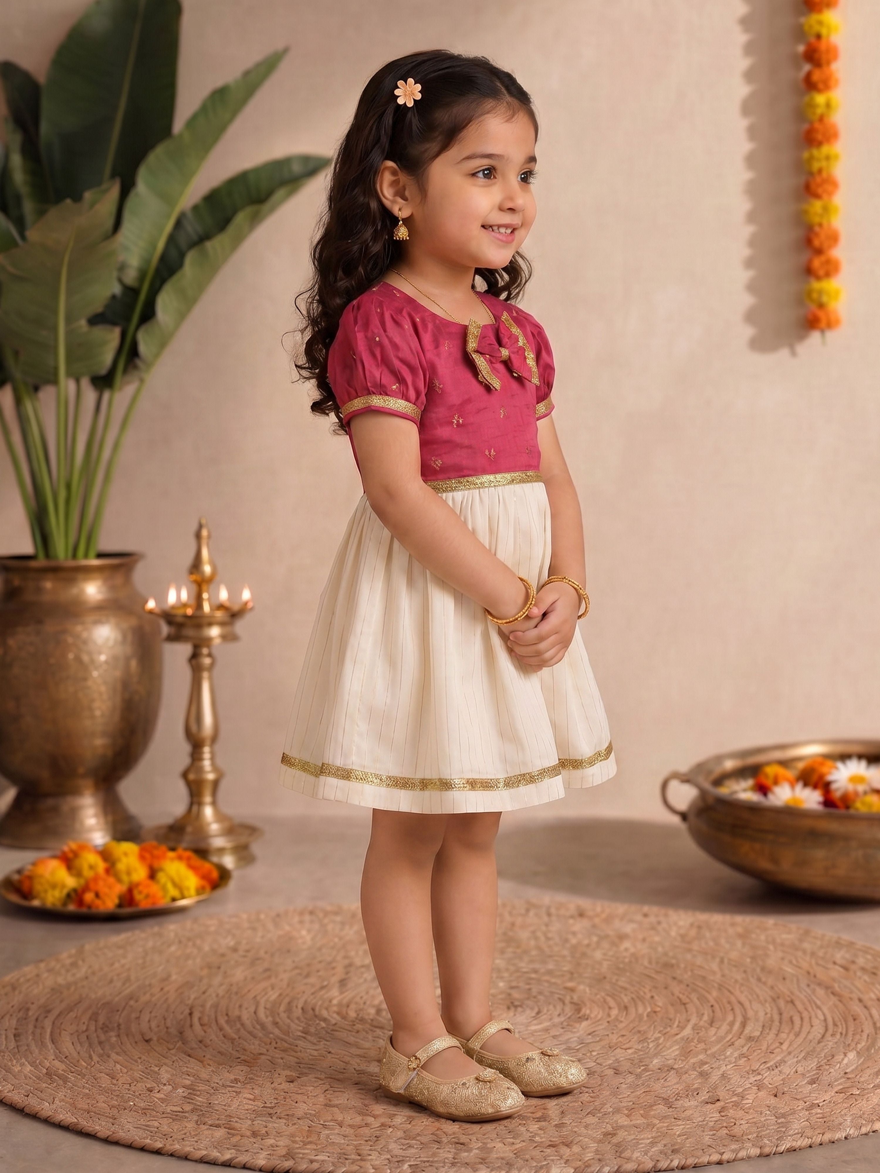 Girls's Pink Chanderi Embroidered Thigh Length Dress