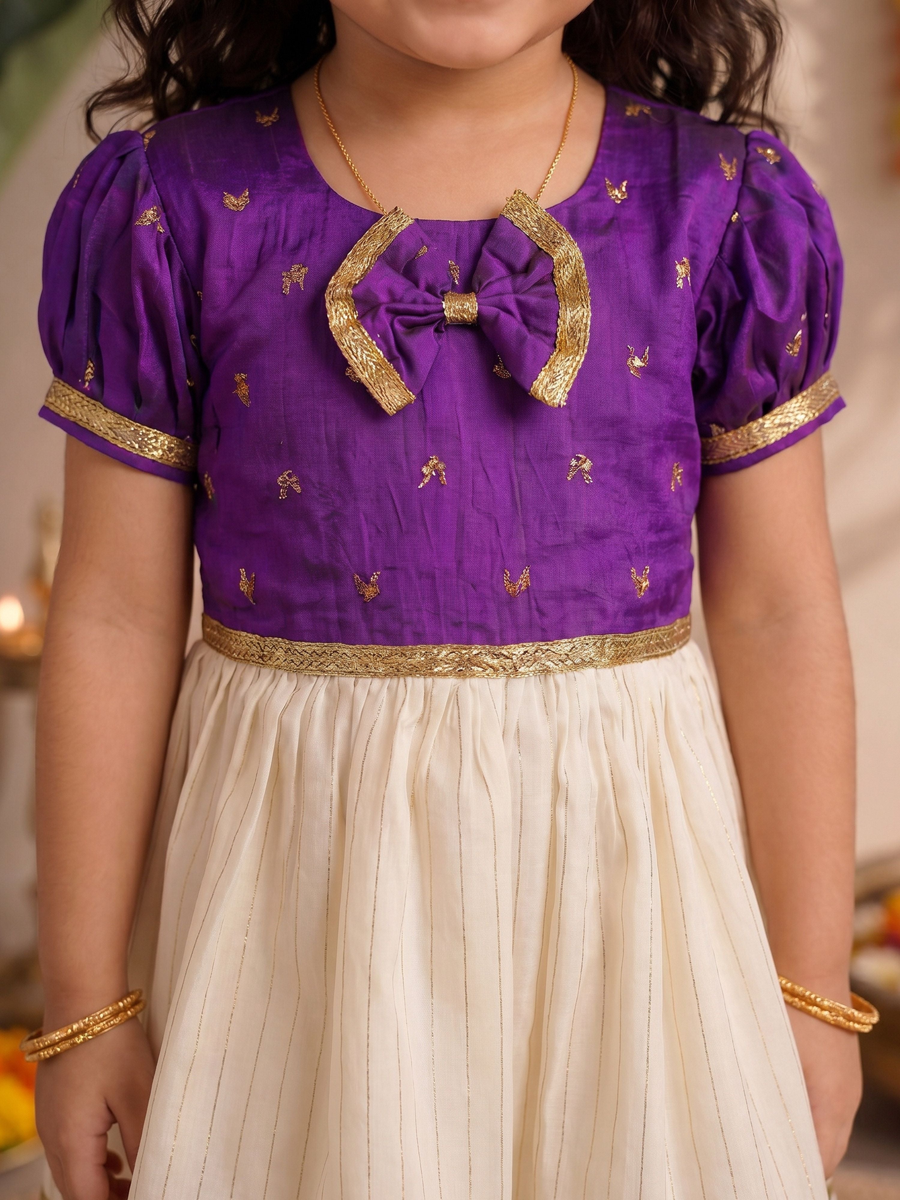 Girls's Purple Chanderi Embroidered Thigh Length Dress