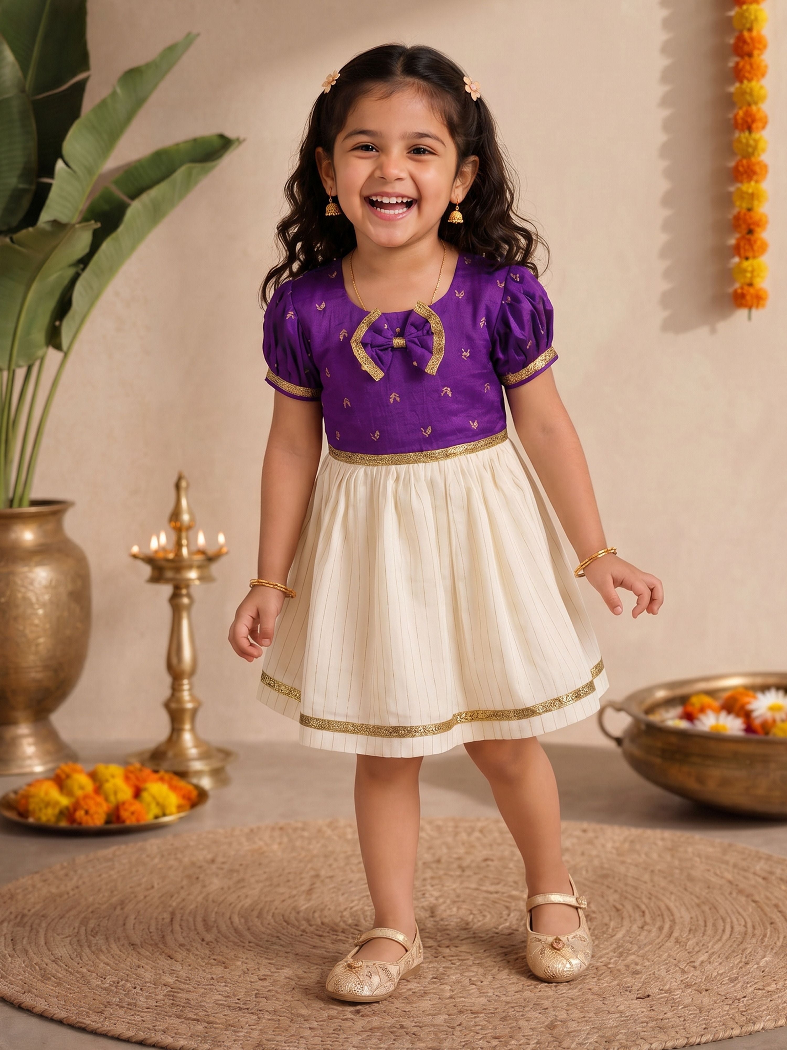 Girls's Purple Chanderi Embroidered Thigh Length Dress