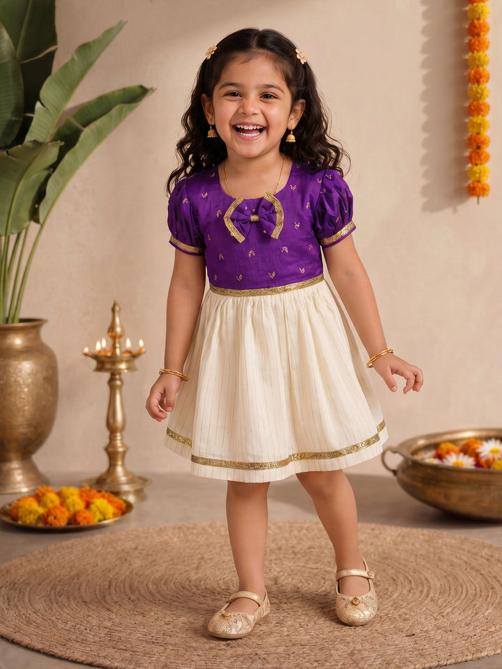 Girls Purple Chanderi Embroidered Thigh Length Dress