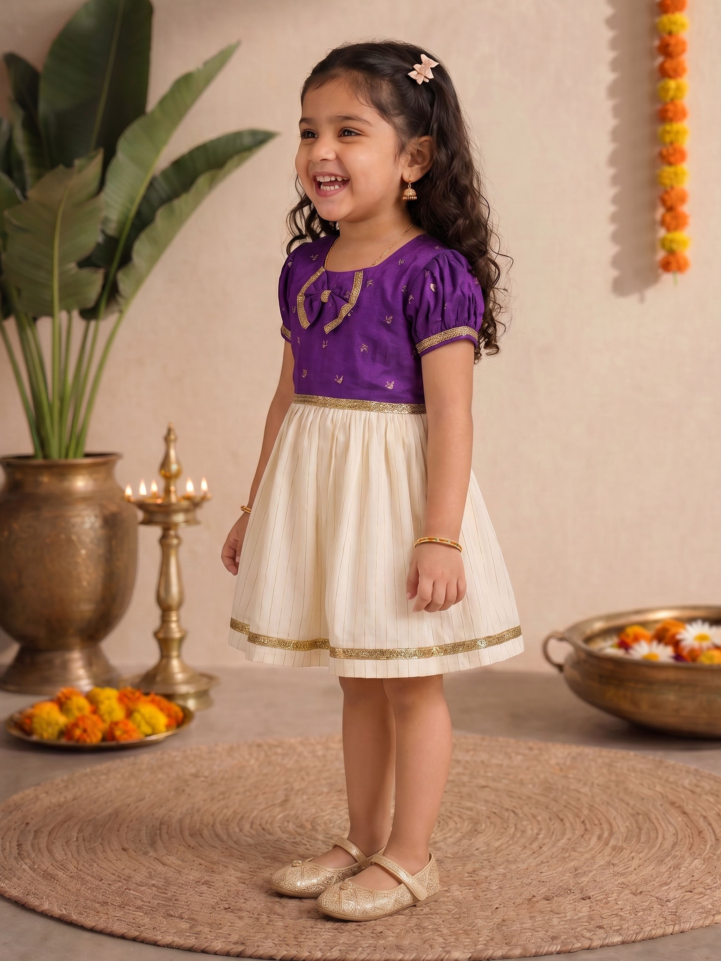 Girls's Purple Chanderi Embroidered Thigh Length Dress