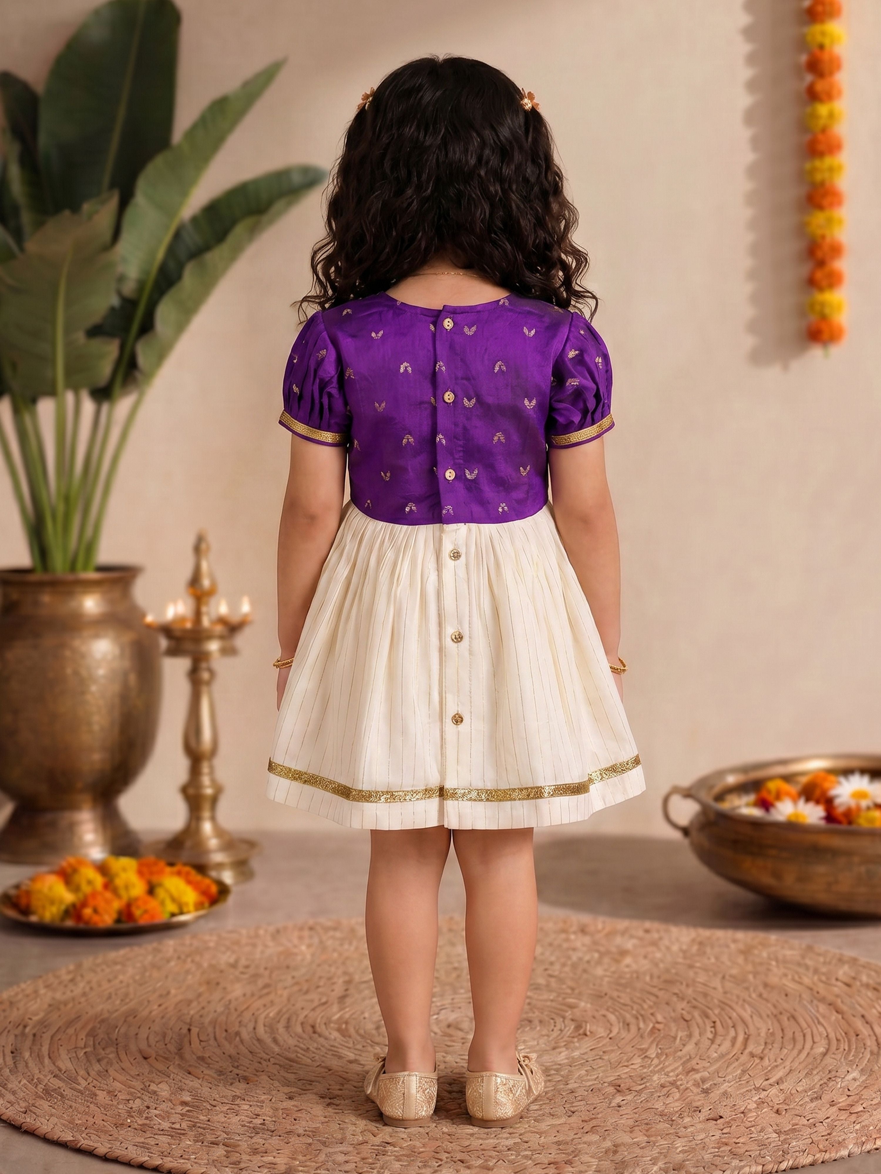 Girls's Purple Chanderi Embroidered Thigh Length Dress