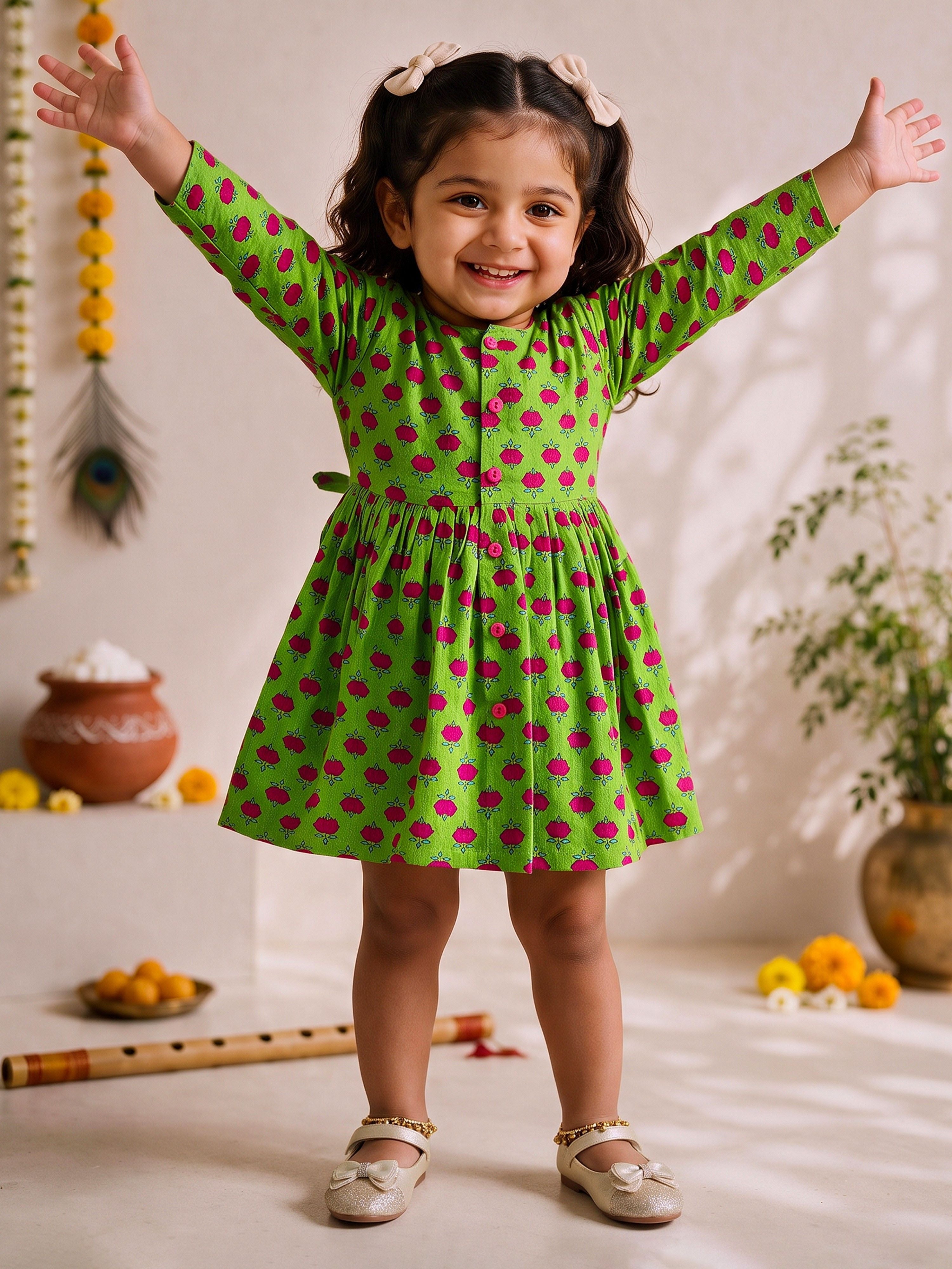 Green Cotton Floral Print Girls Dress with Front Buttons