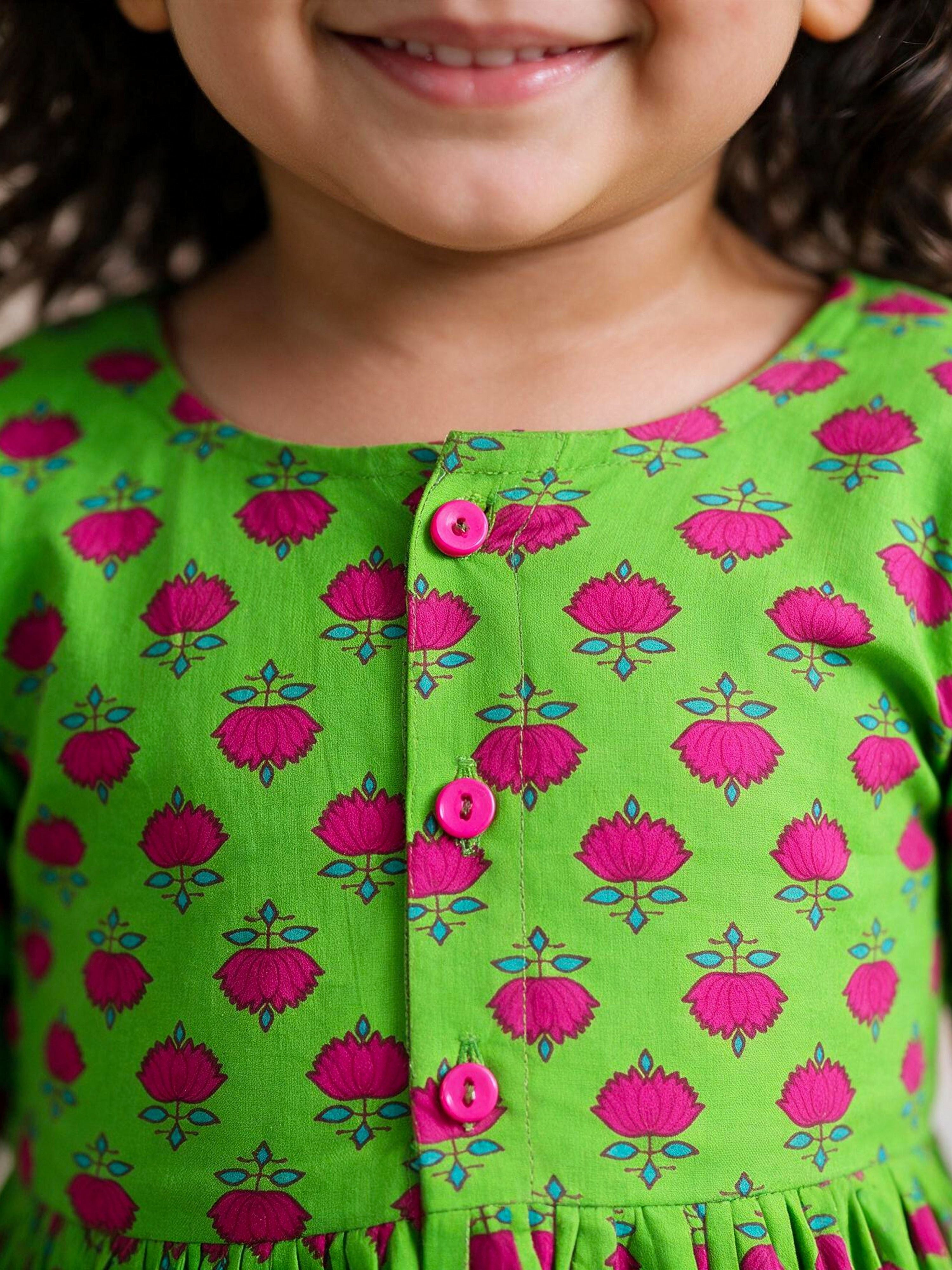 Girls's Green Cotton Floral Print Thigh Length Frock