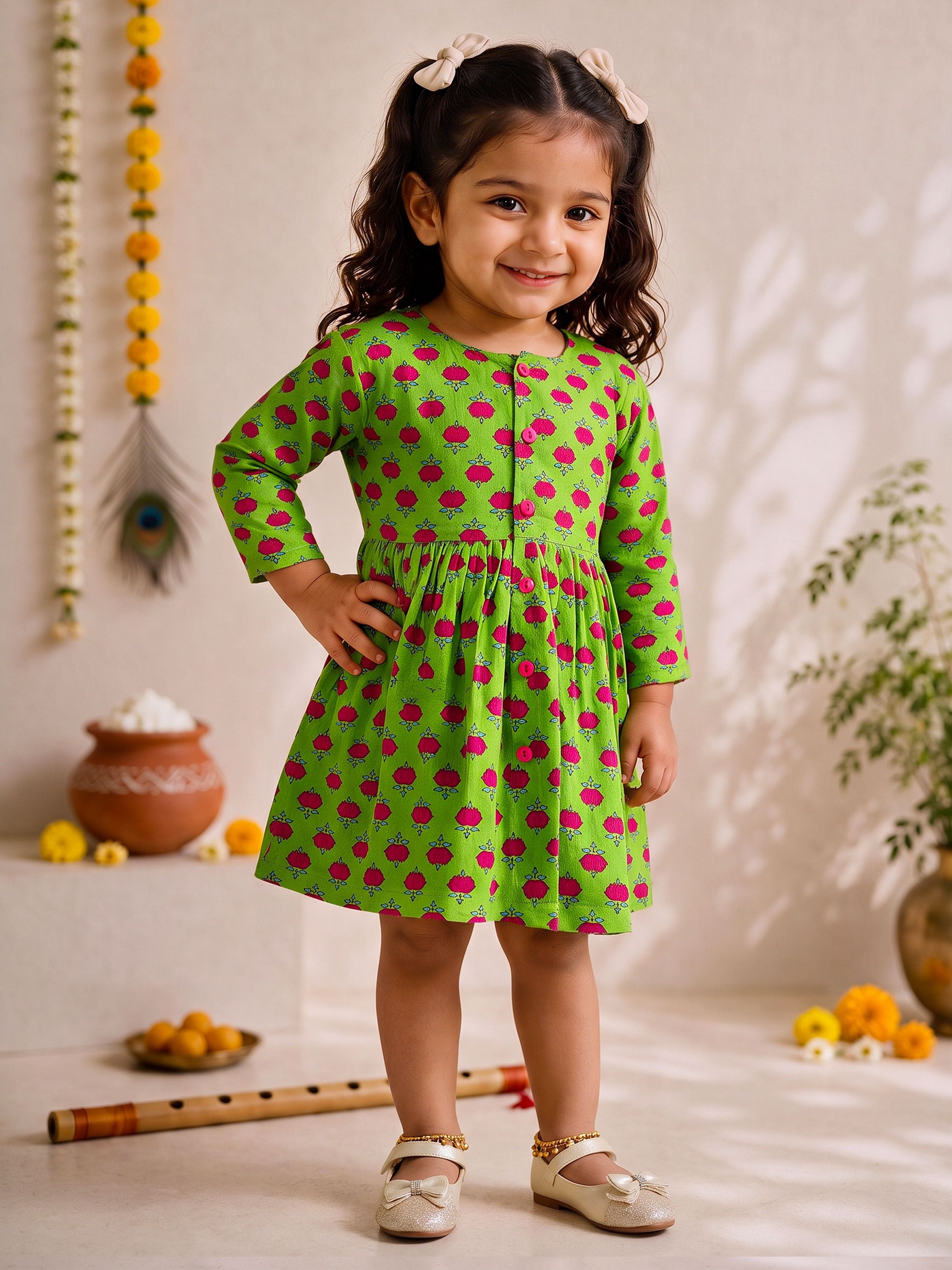 Girls's Green Cotton Floral Print Thigh Length Frock