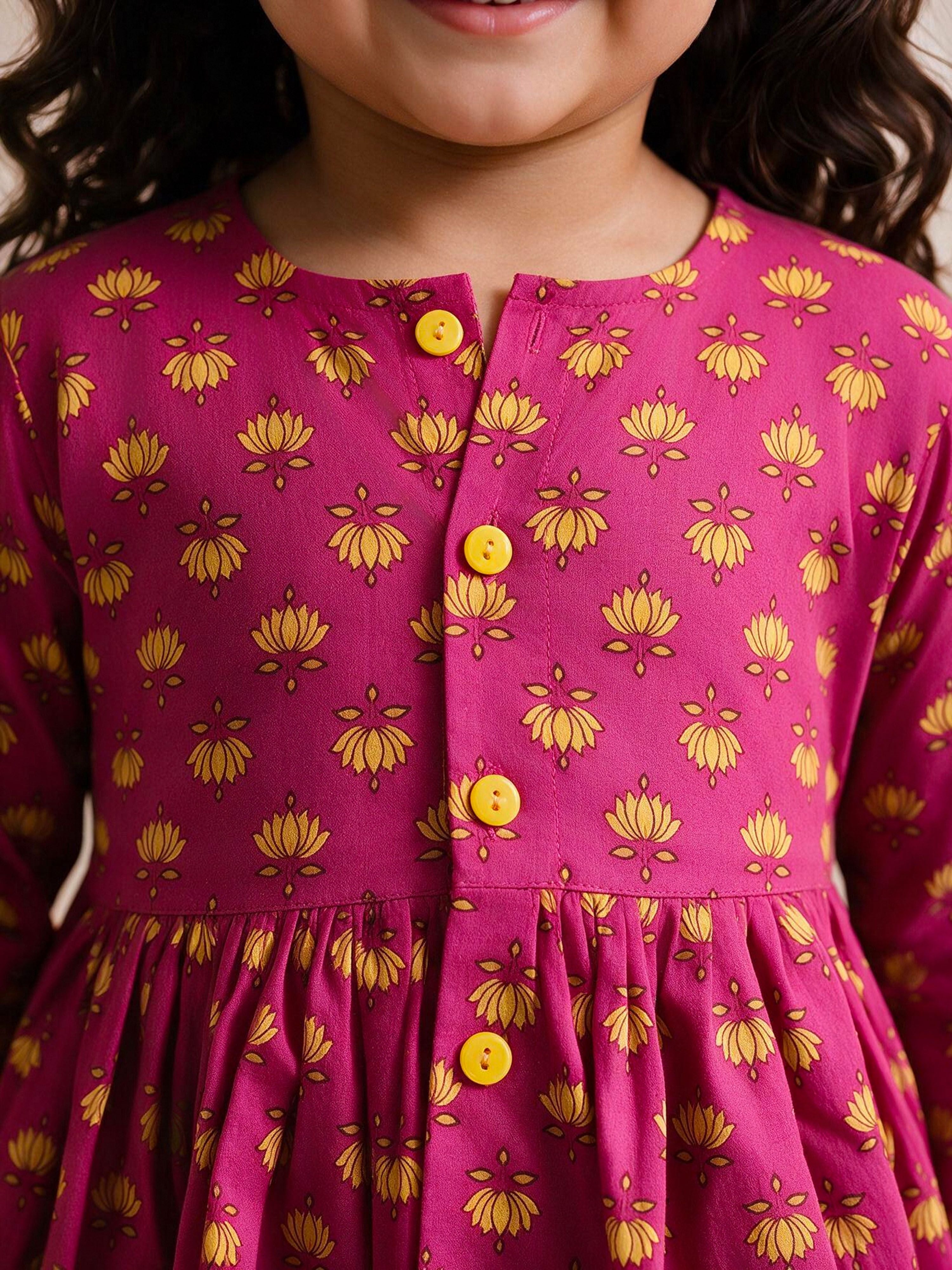 Girls's Pink Cotton Floral Print Thigh Length Frock