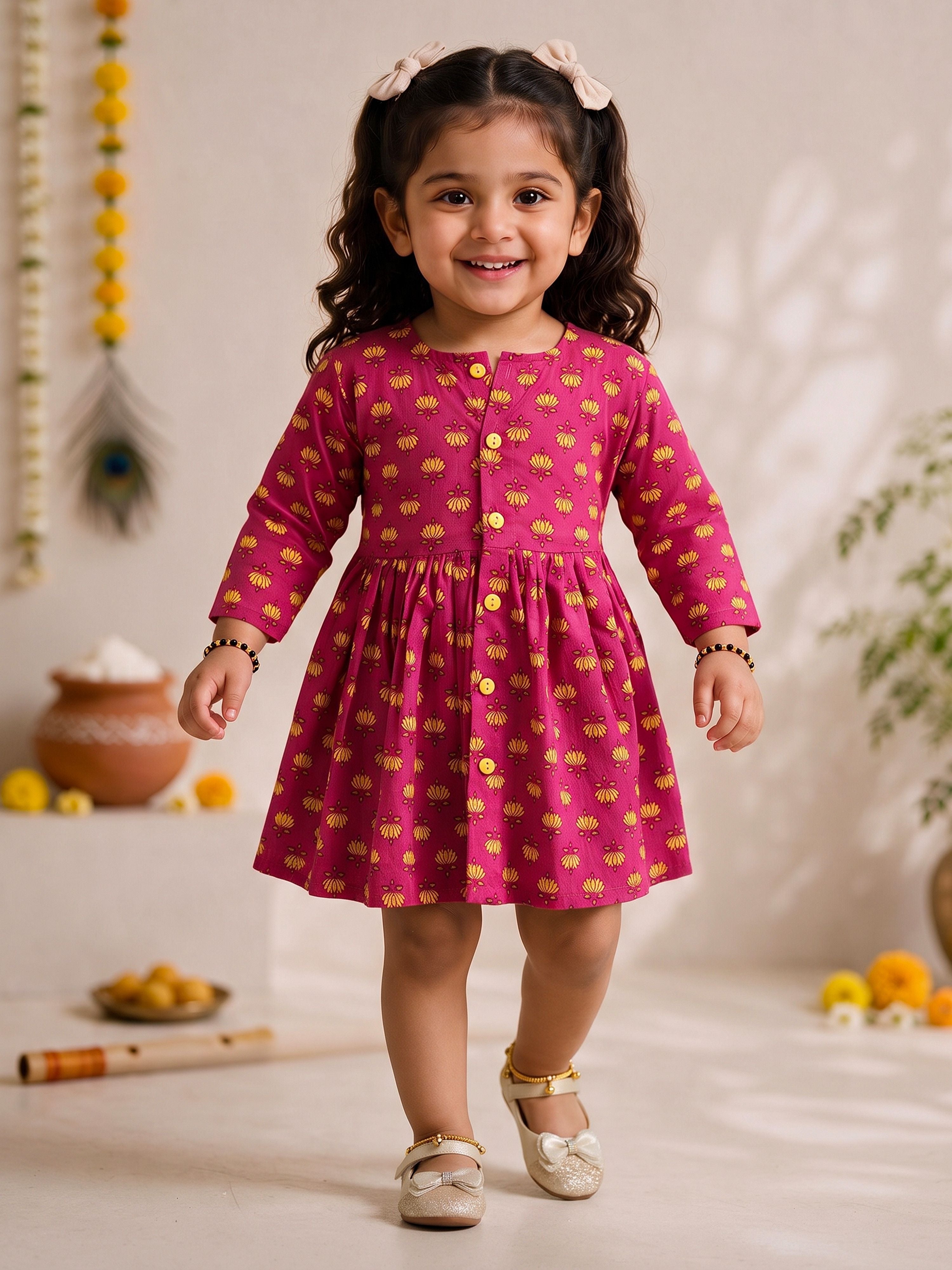 Girls's Pink Cotton Floral Print Thigh Length Frock
