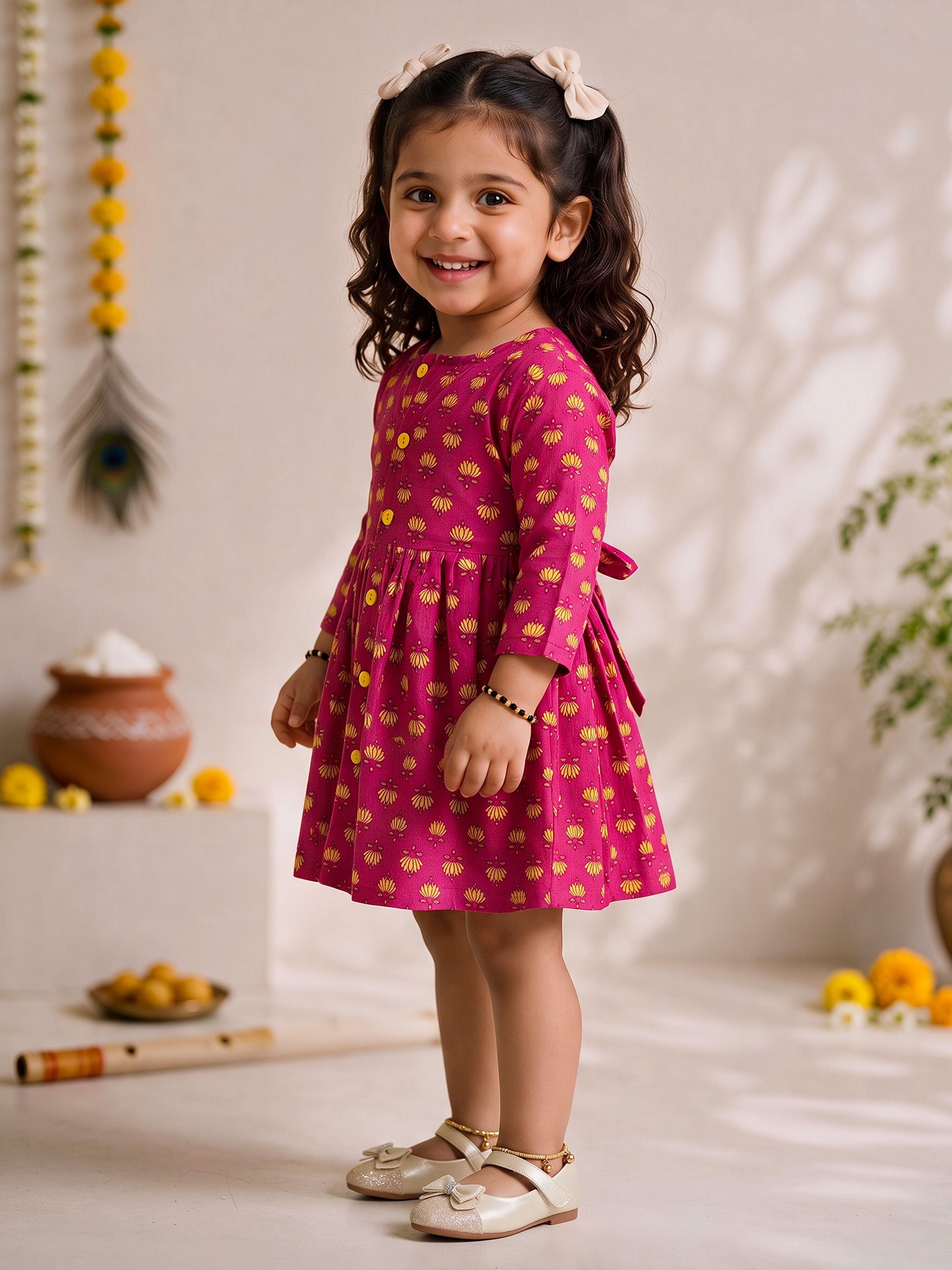 Girls's Pink Cotton Floral Print Thigh Length Frock