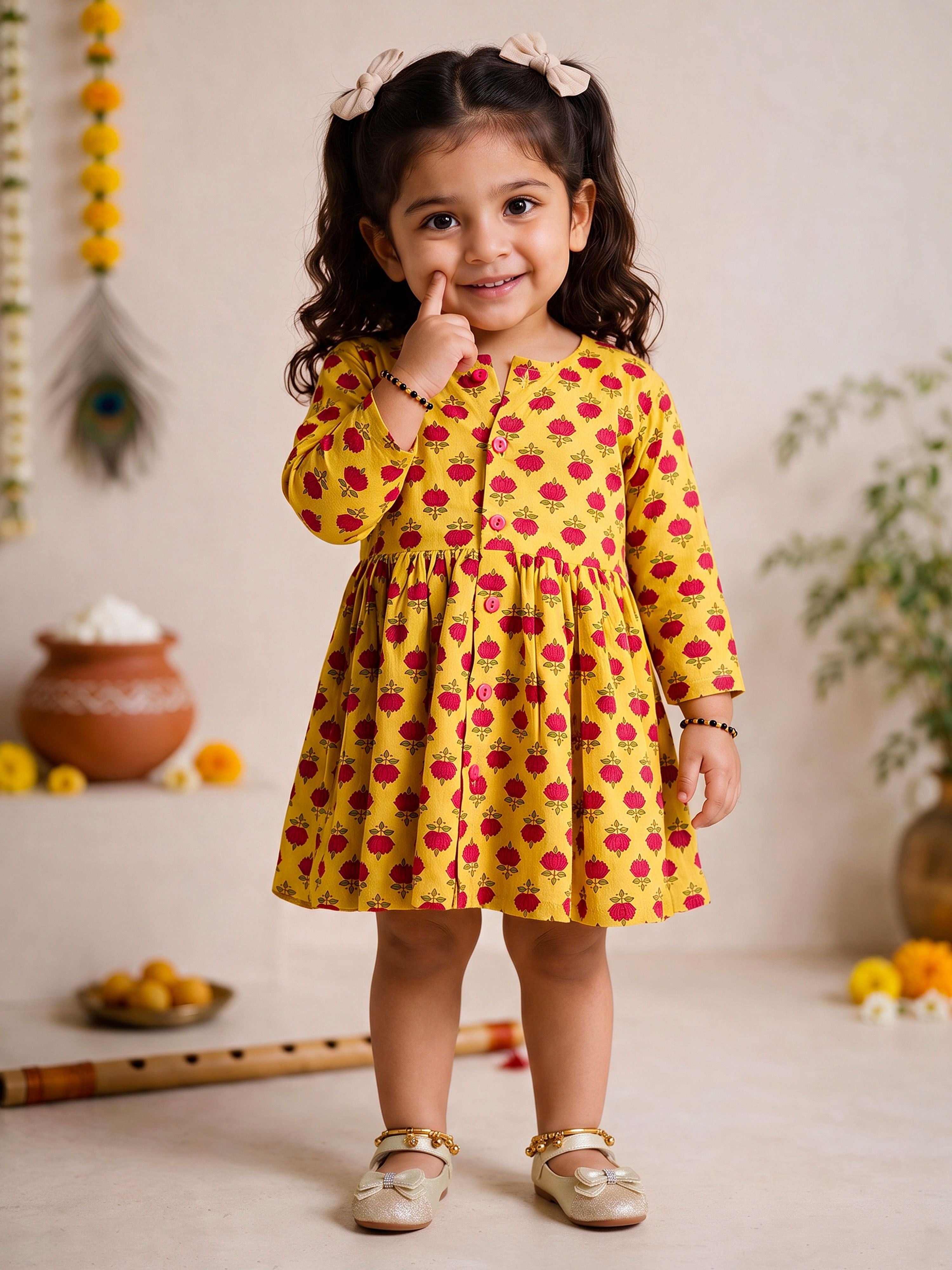 Girls's Yellow Cotton Floral Print Thigh Length Frock