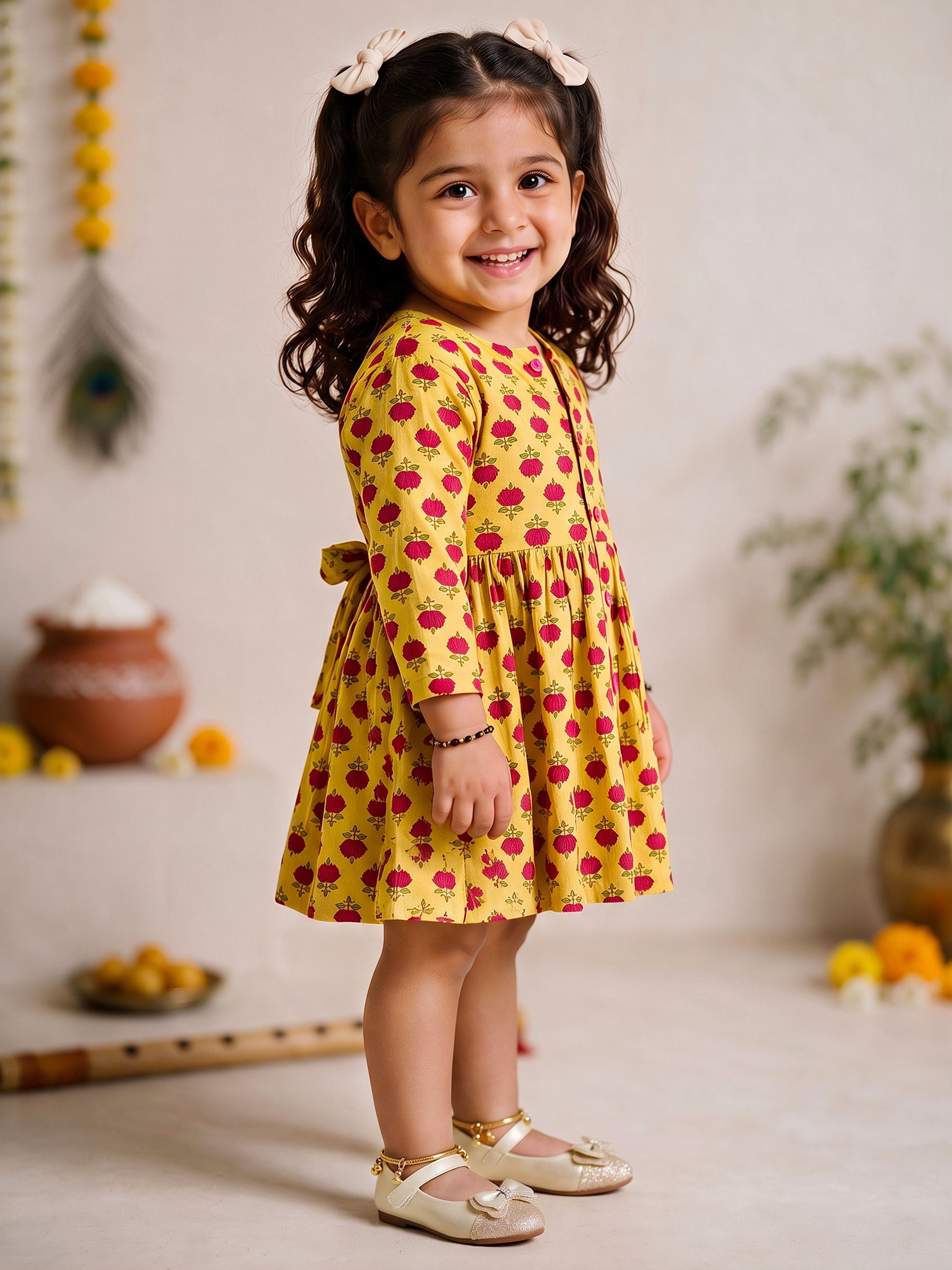 Girls's Yellow Cotton Floral Print Thigh Length Frock