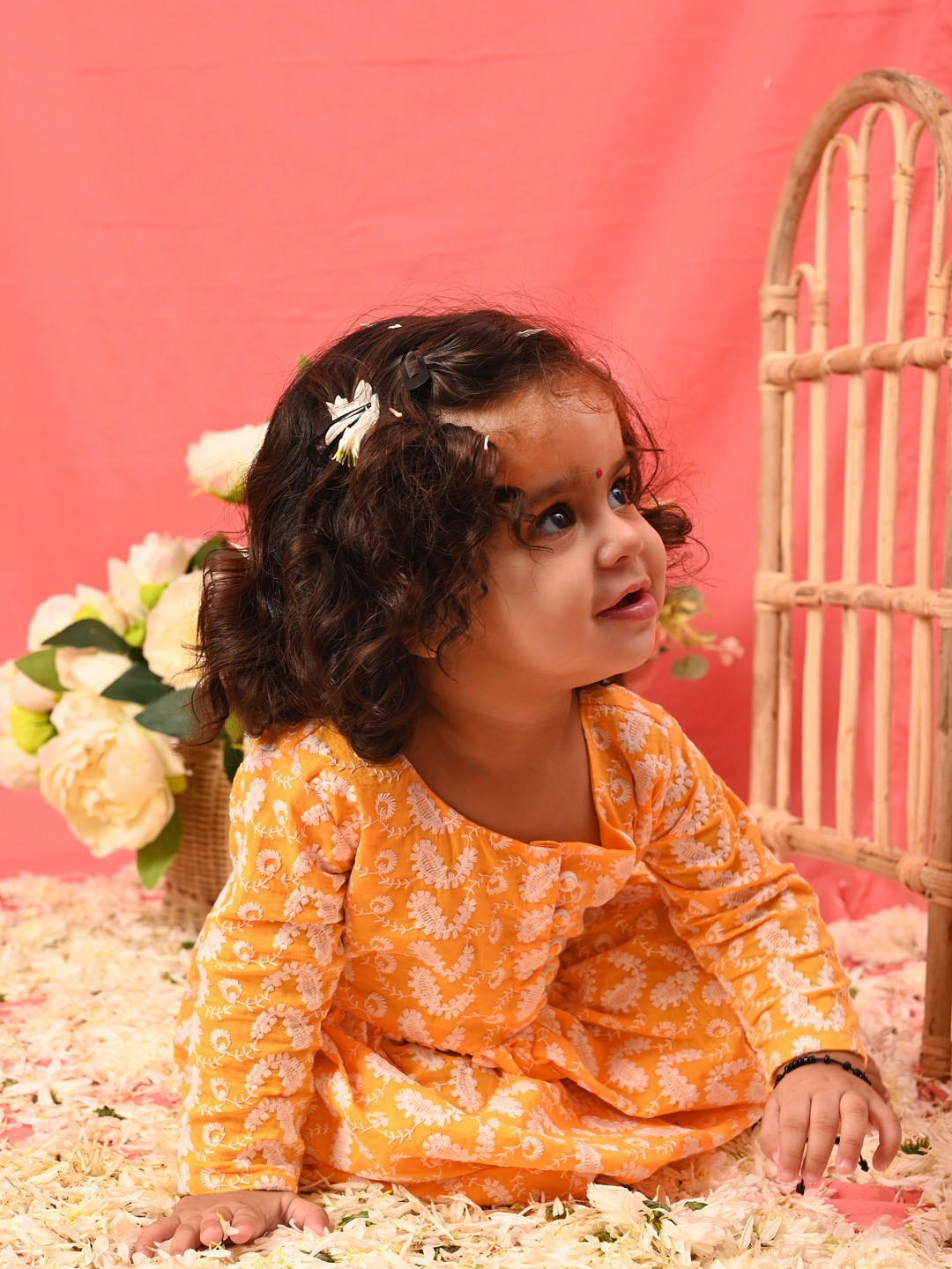 Girl's Orange Chikankari Cotton Kurta