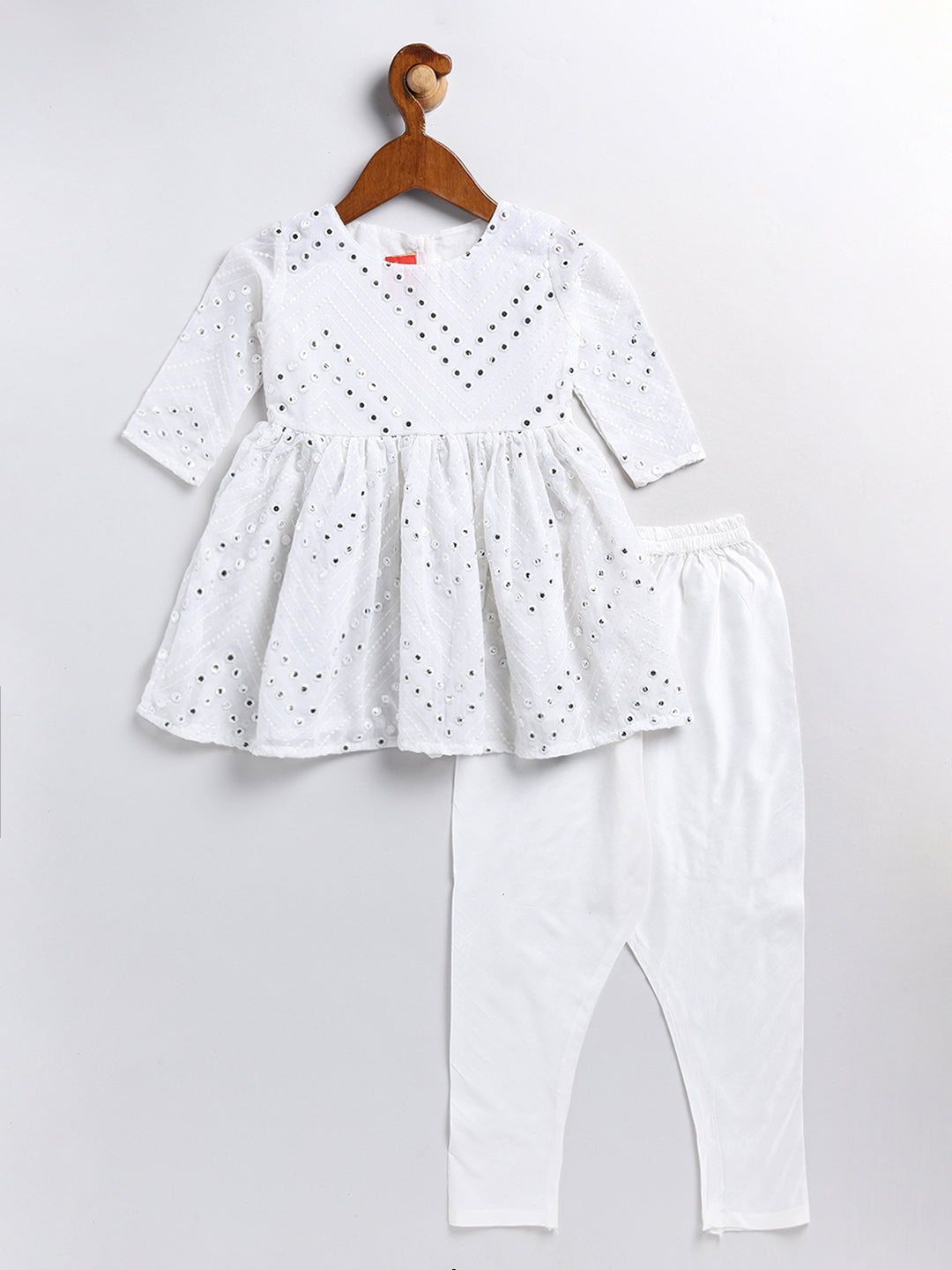 Girl's White Mirror Kurta Pyjama Set