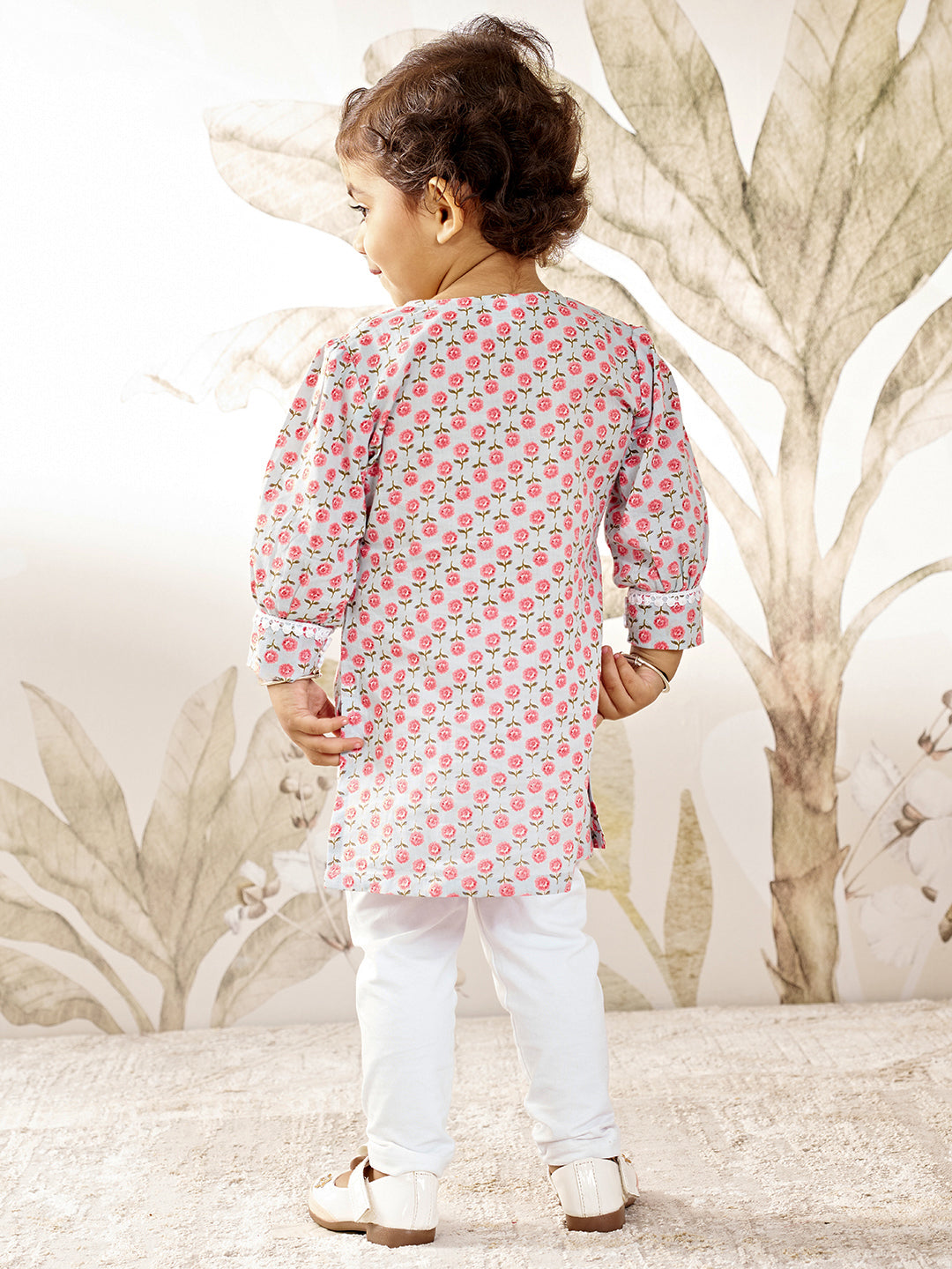 Girl's Aqua Floral Cotton Kurta Leggings Set