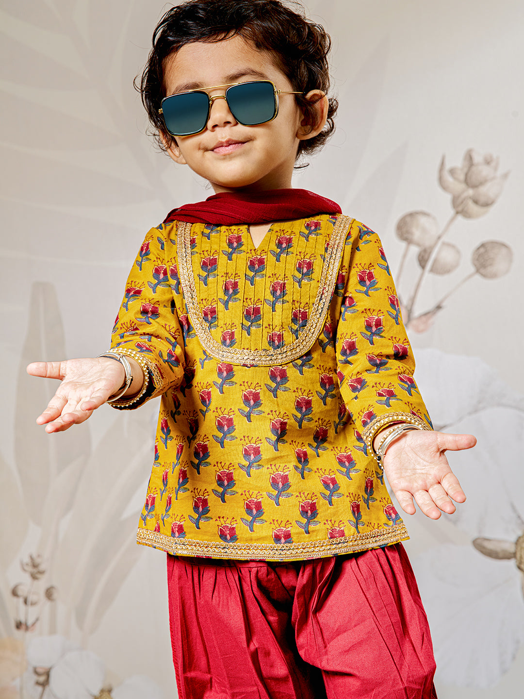 Girl's Mustard Floral Kurta Patiala Set With Dupatta