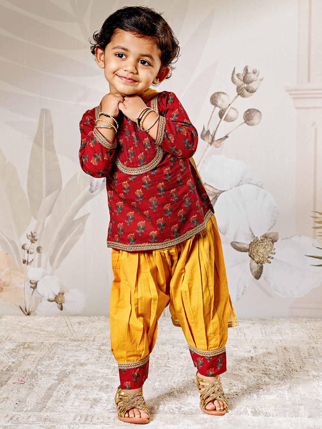 Girl's Red Floral Kurta Patiala Set With Dupatta