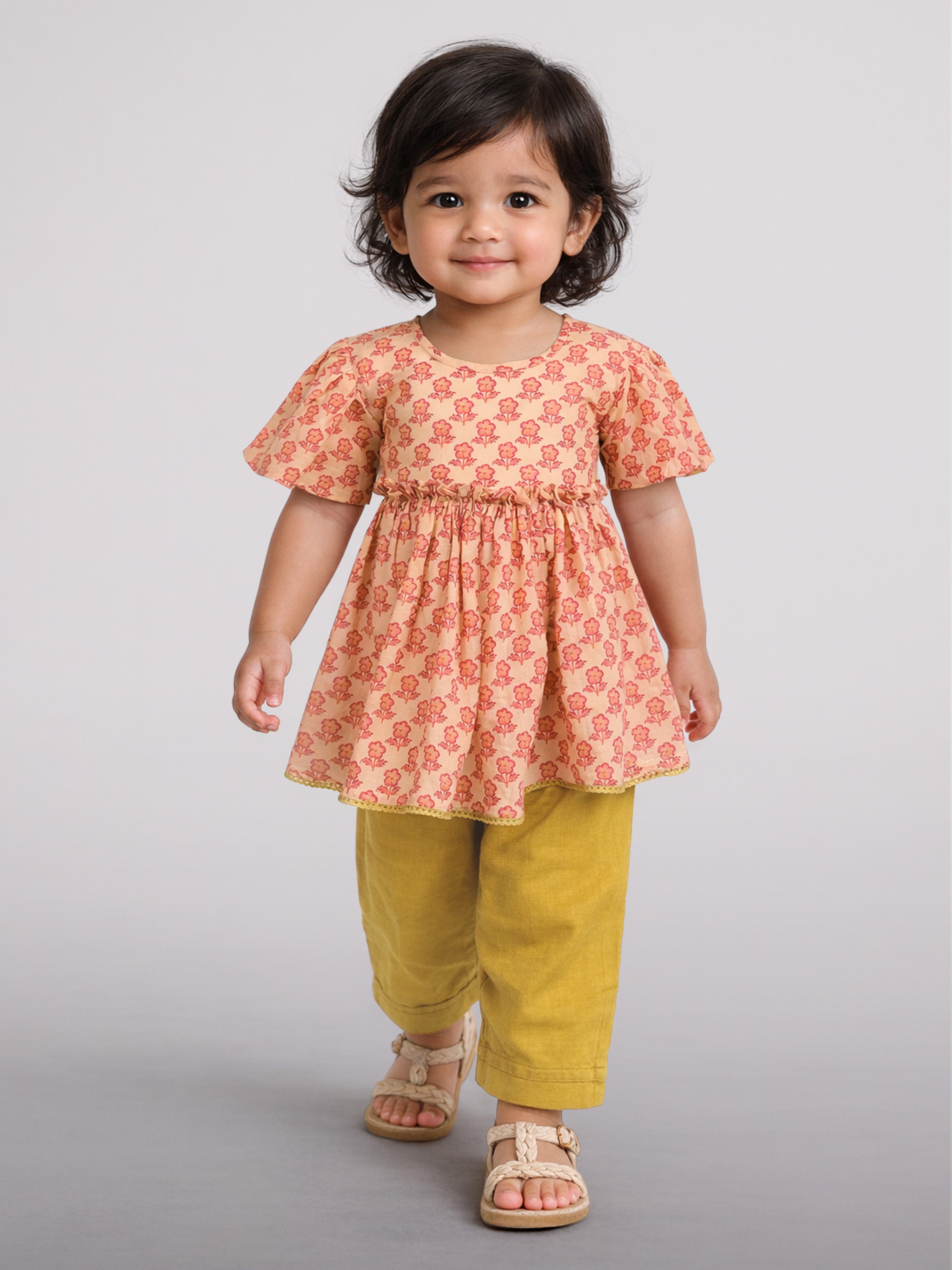 Girls' Peach Cotton Floral A-Line Kurta & Mustard Pant Set