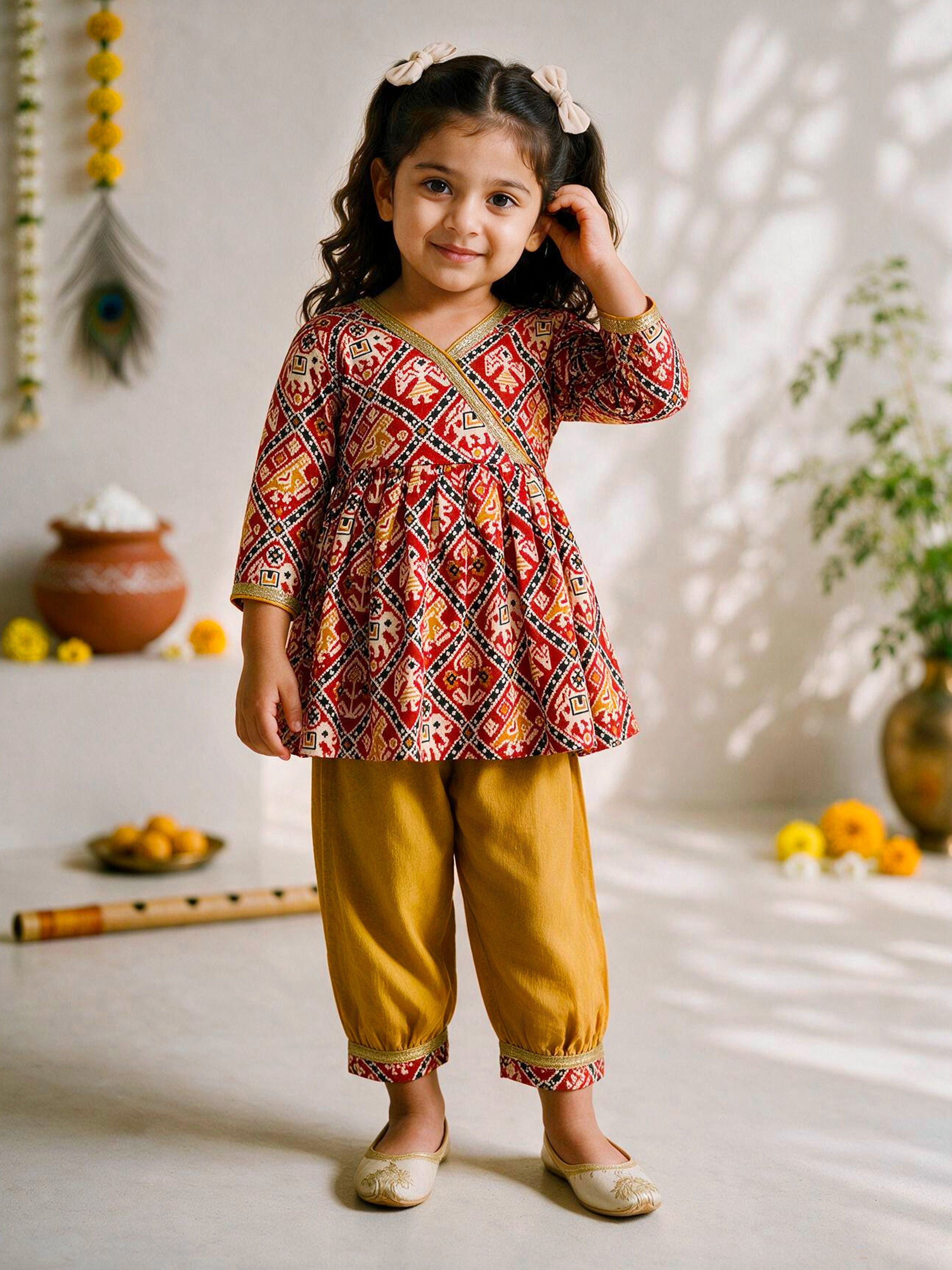 Girls Red Cotton Patola Print Angrakha Kurta Set