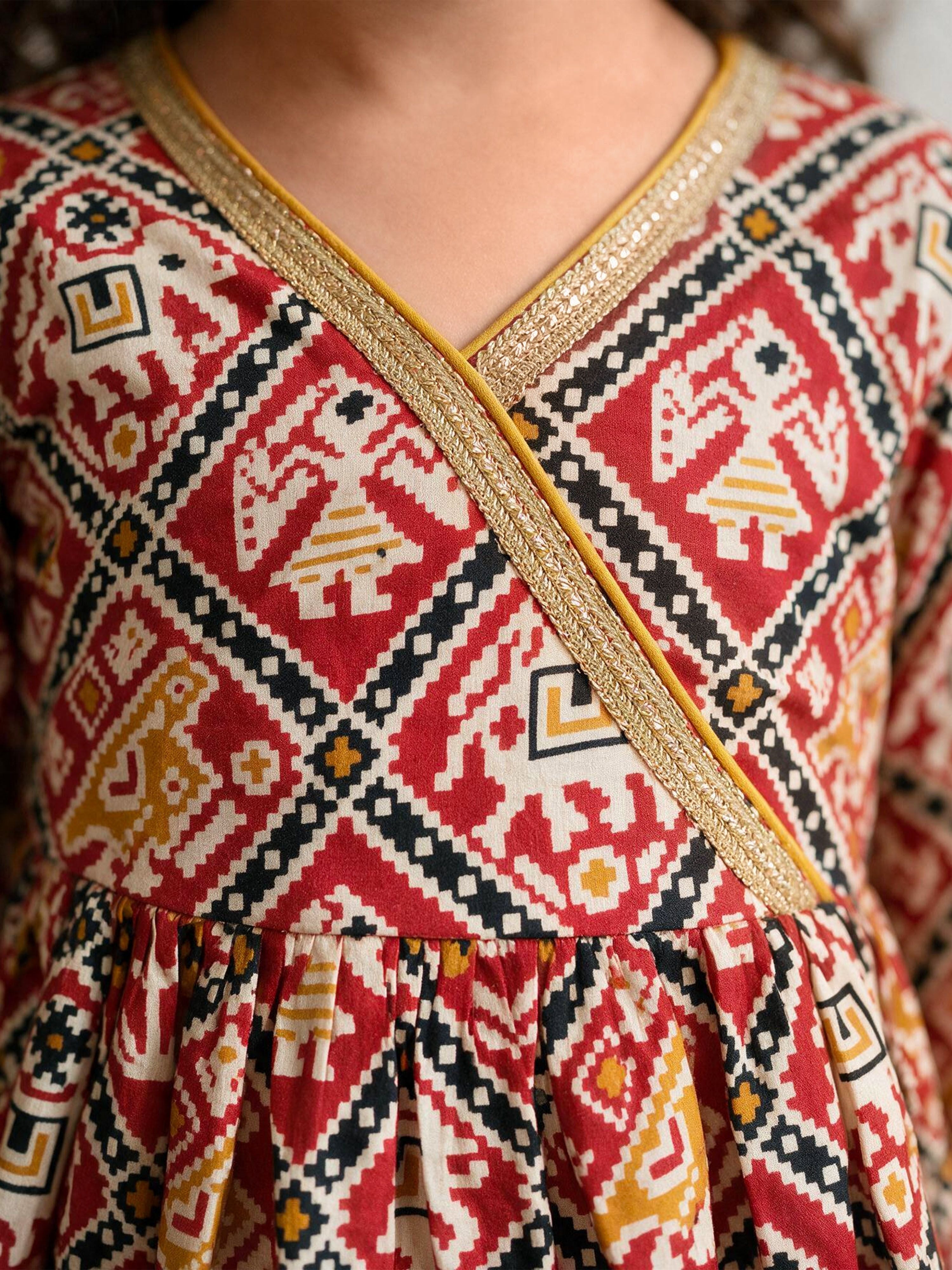 Girls Red Cotton Ikkat Thigh Length Kurta and Pyjama Set