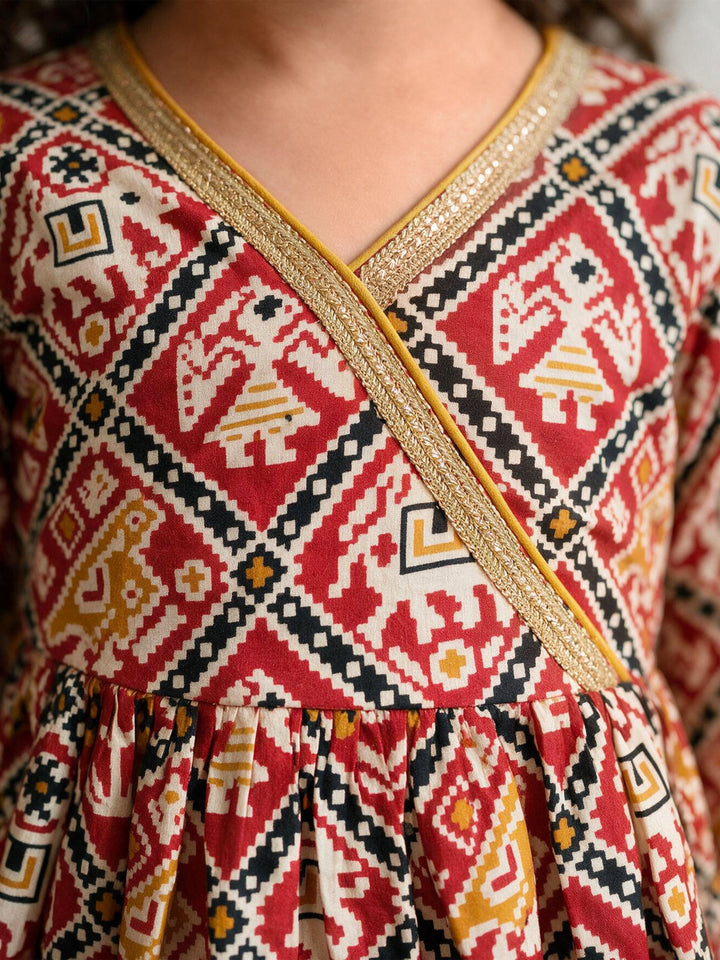 Girls Red Cotton Patola Thigh Length Kurta and Pyjama Set