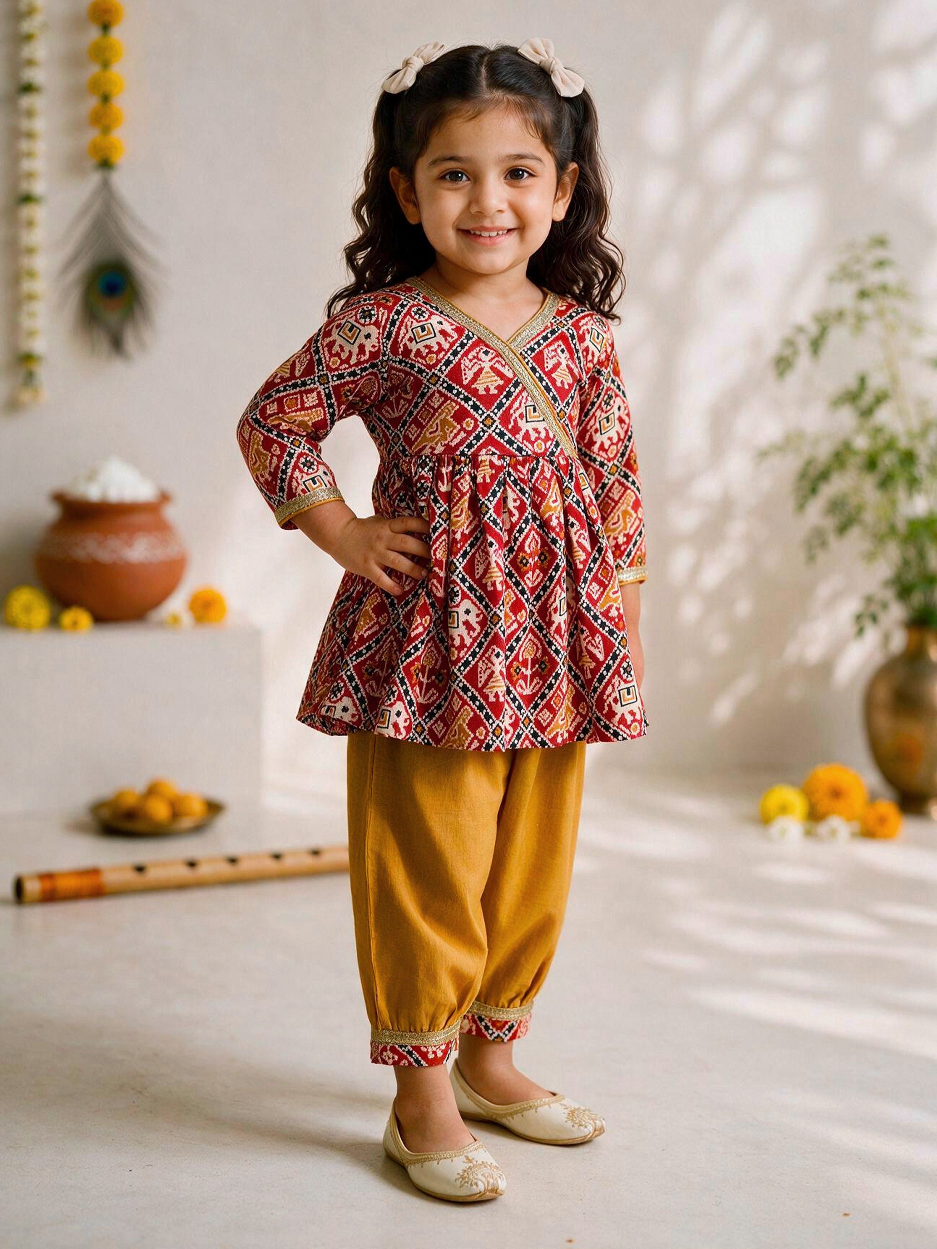 Girls Red Cotton Ikkat Thigh Length Kurta and Pyjama Set