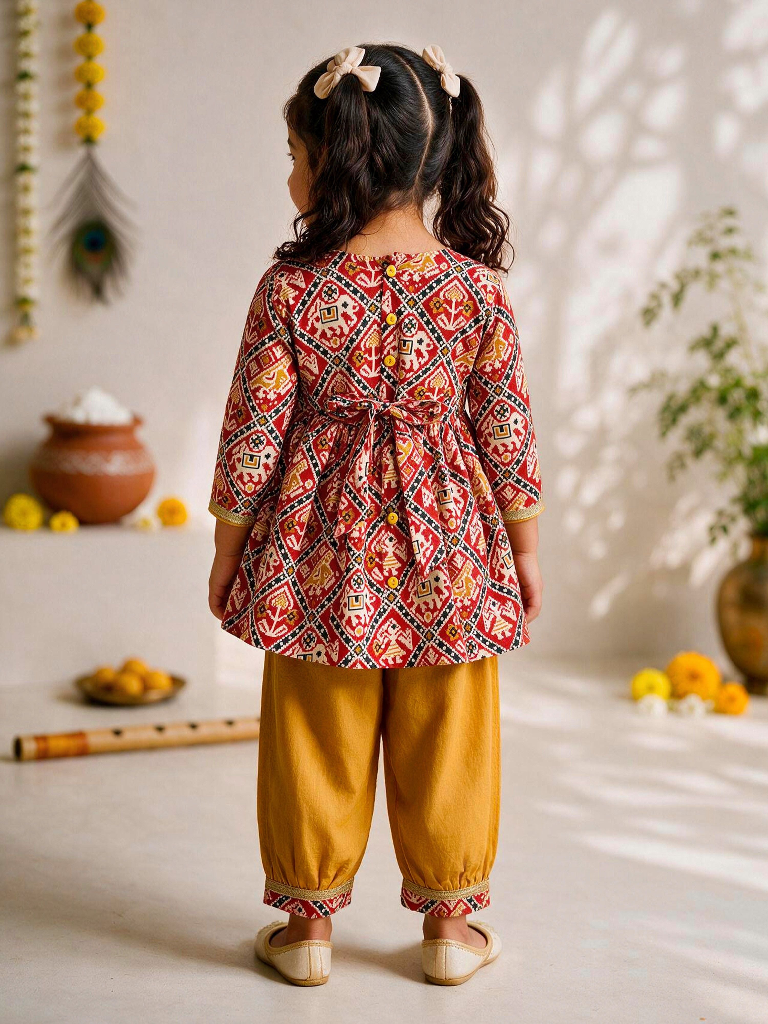 Girls Red Cotton Ikkat Thigh Length Kurta and Pyjama Set