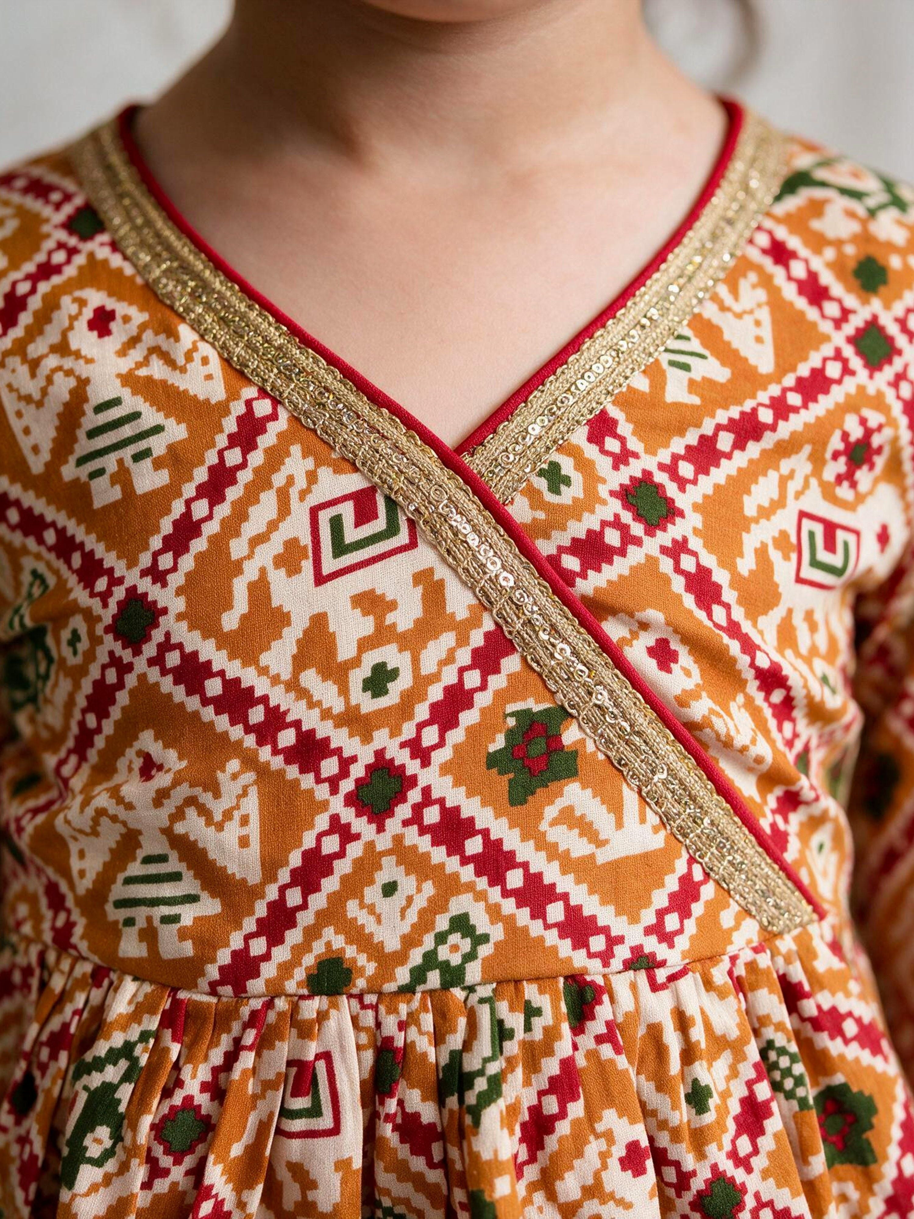 Girls Mustard Cotton Ikkat Thigh Length Kurta and Pyjama Set