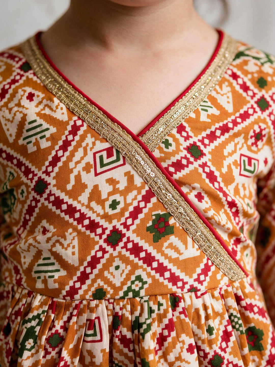 Girls Mustard Cotton Patola Thigh Length Kurta and Pyjama Set